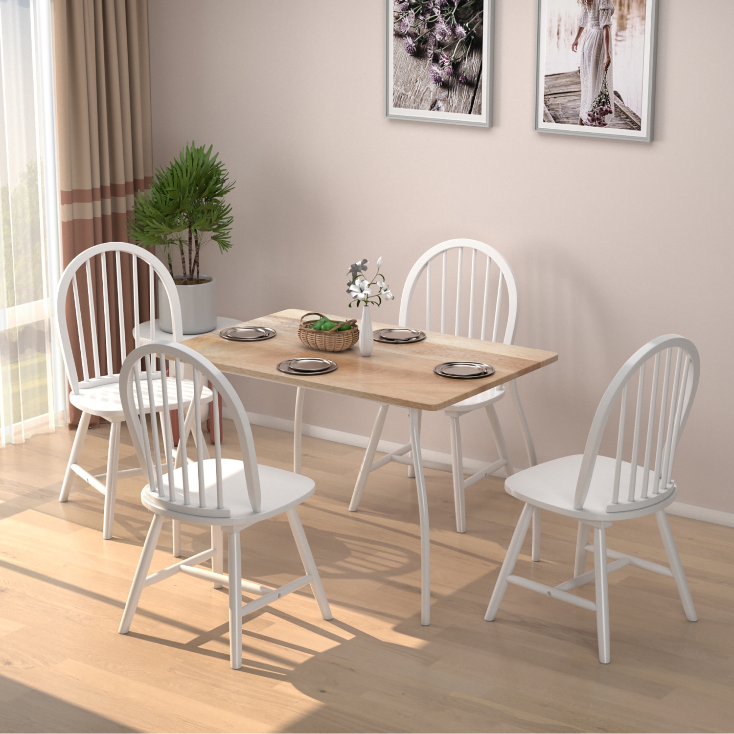 Costway Set of 4 Vintage Windsor Dining Side Chair Wood Spindleback Kitchen Room