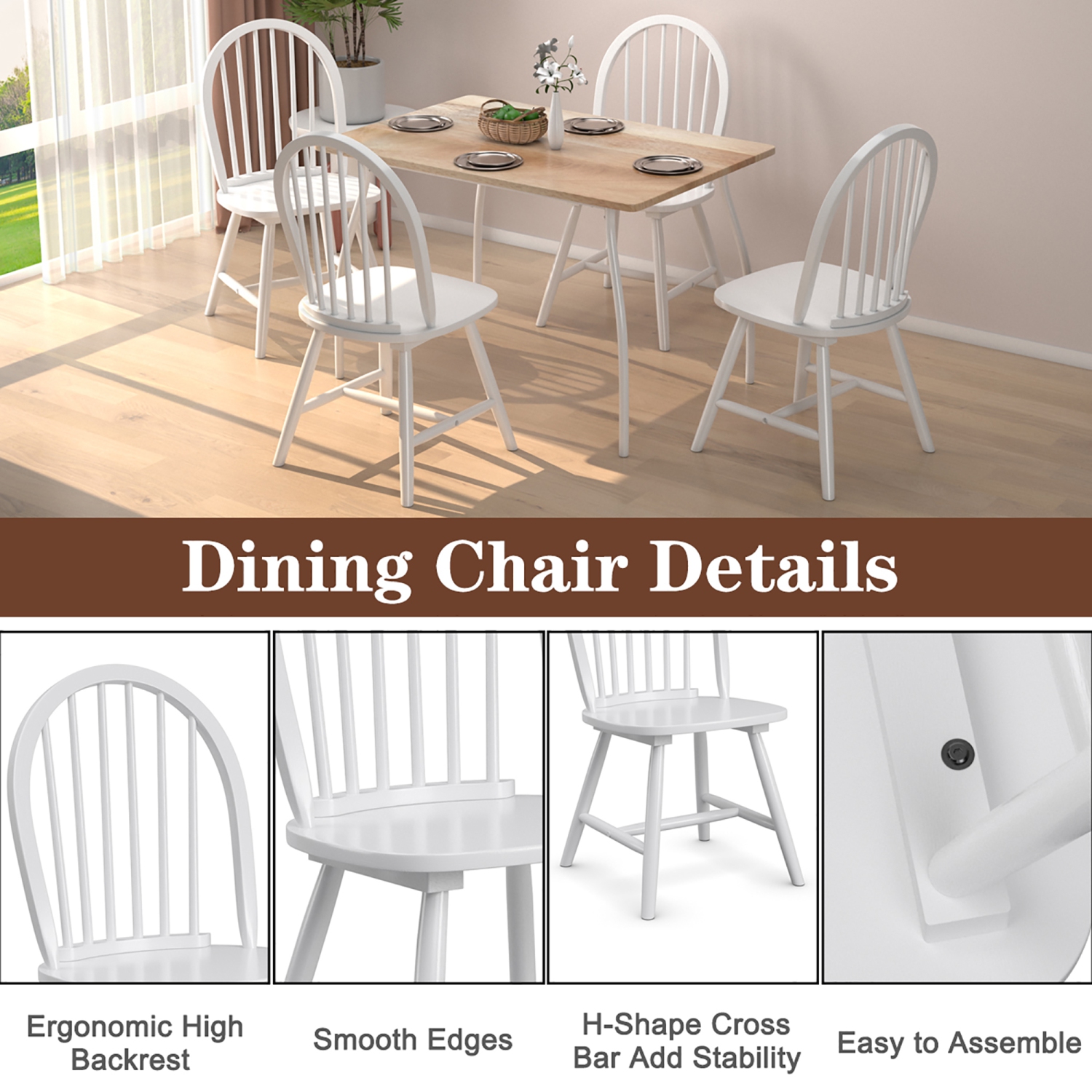 Costway Set of 4 Vintage Windsor Dining Side Chair Wood Spindleback Kitchen Room