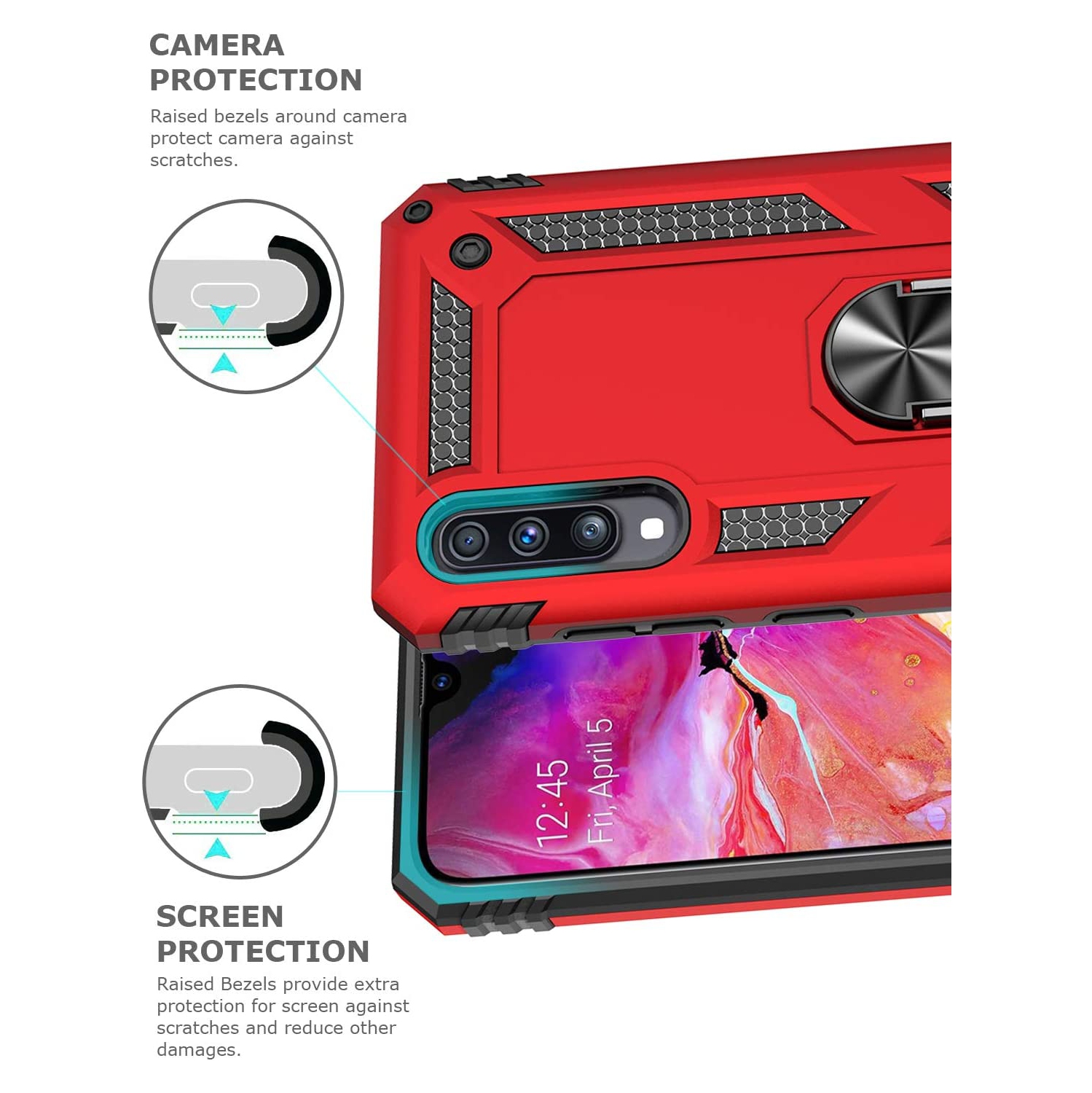 Étui pour Galaxy A70 de Samsung avec support magnétique rotatif à 360 degrés en métal rouge pour support de voiture béquille antichoc robuste