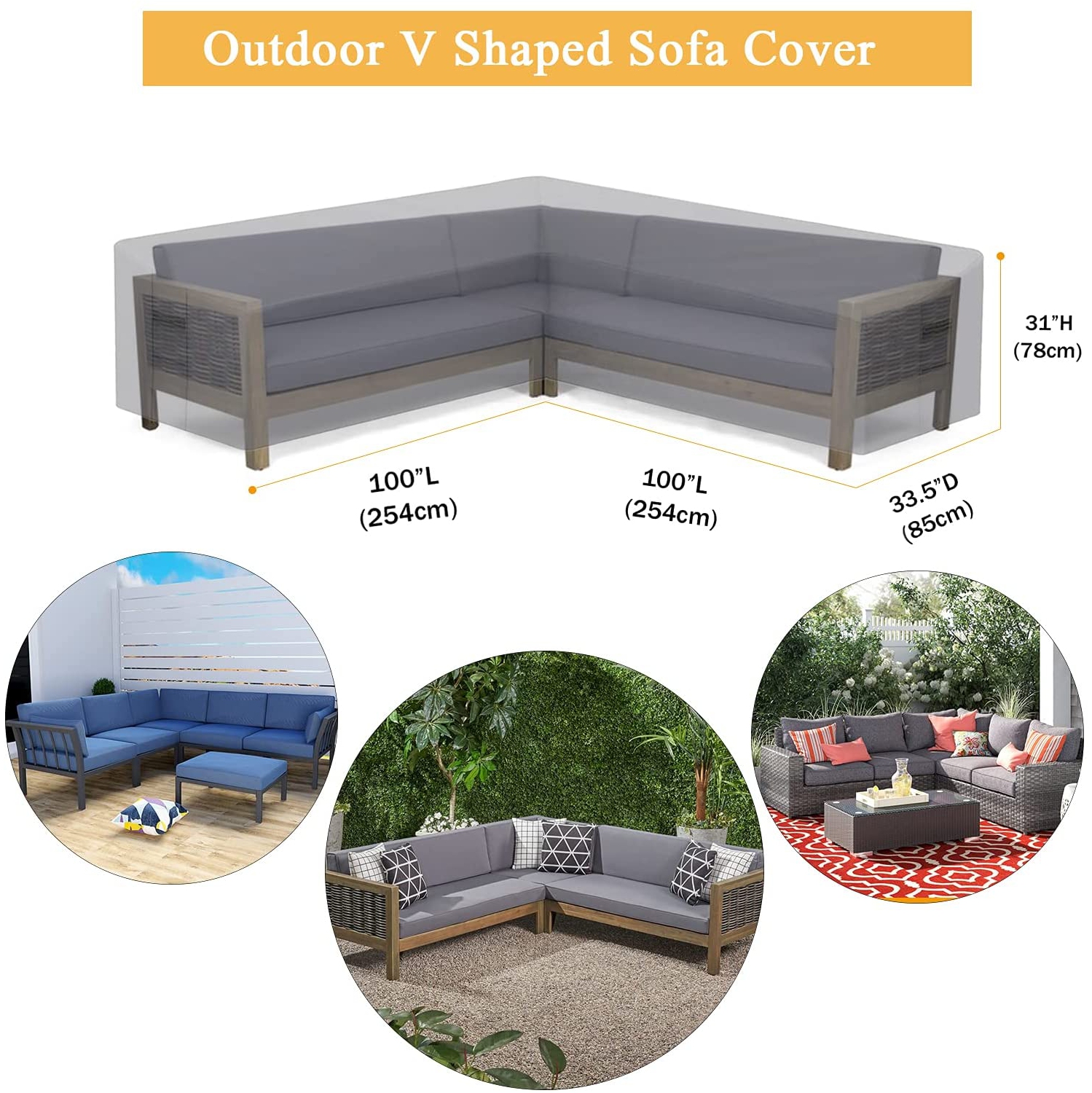Wind Resistant Air Resistant Sofa Cover for Corner Sofa Waterproof L Shape Covers for Garden Furniture Protective Corner Sofa Cover 300x300x90cm-Grey 