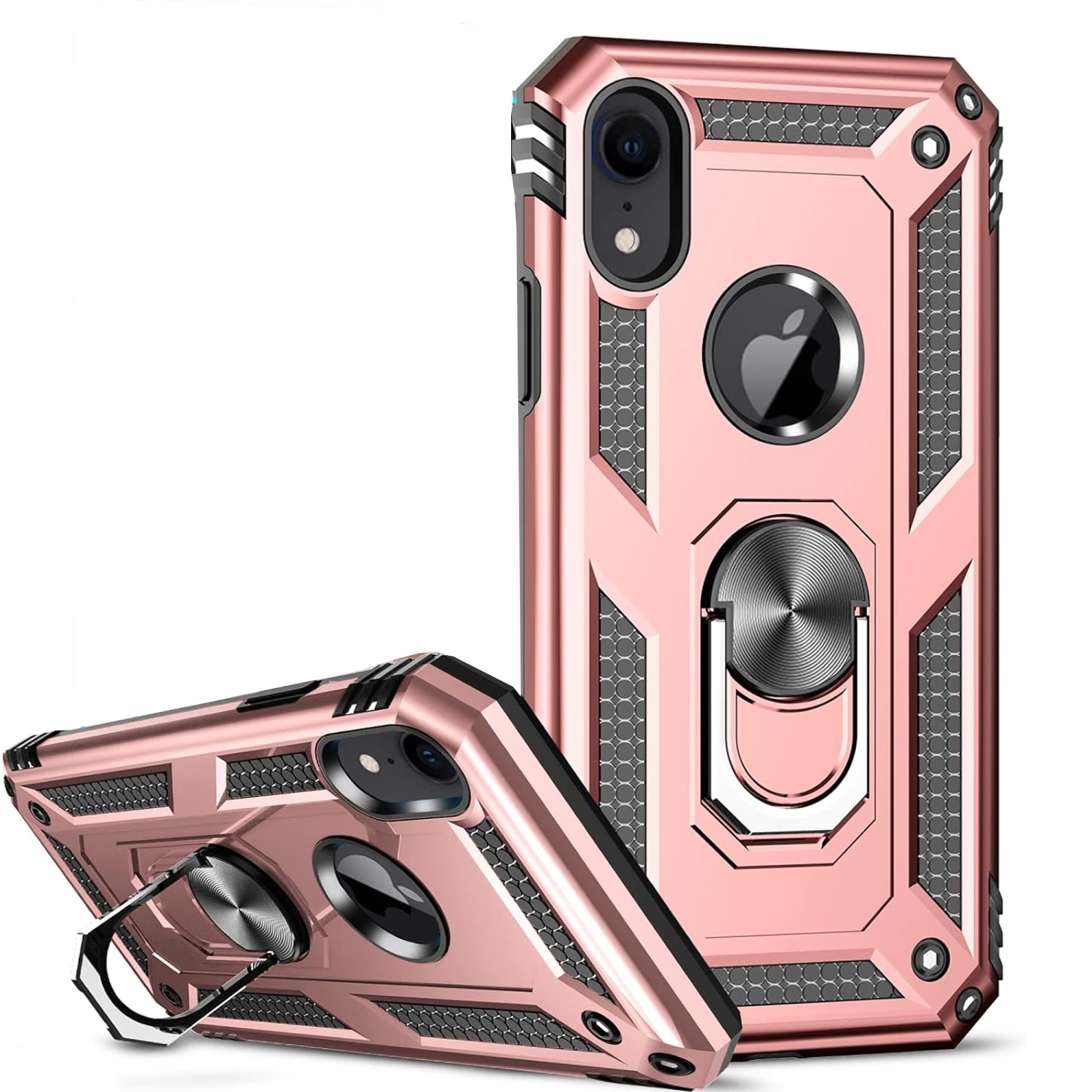 For Apple iPhone X Rose Gold Military Grade 360 Degree Rotating Metal Magnetic Ring Car Mount Holder Kickstand Shockproof Heavy Duty Cover