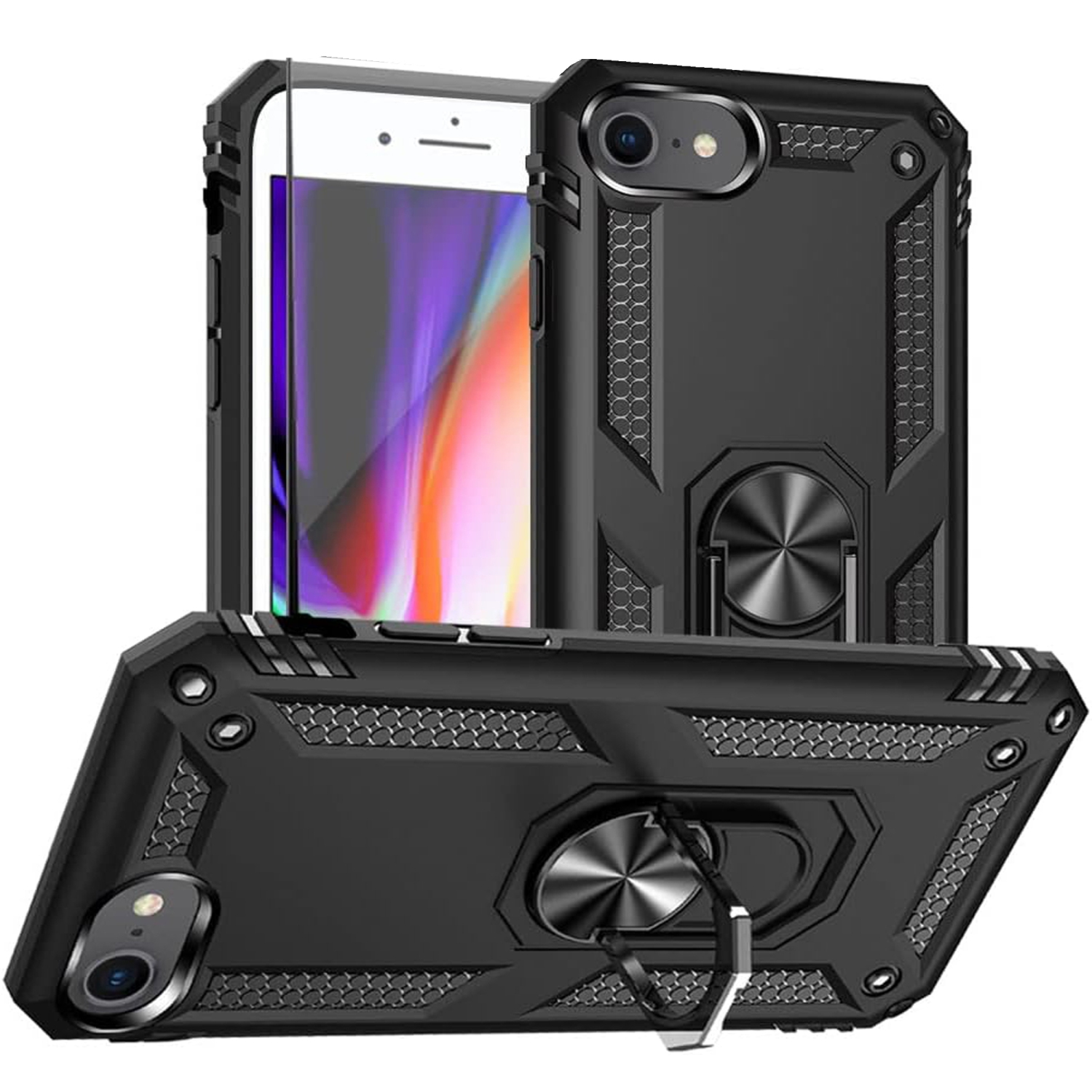 For Apple iPhone 7 Black Military Grade 360 Degree Rotating Metal Magnetic Ring Car Mount Holder Kickstand Shockproof Heavy Duty Cover