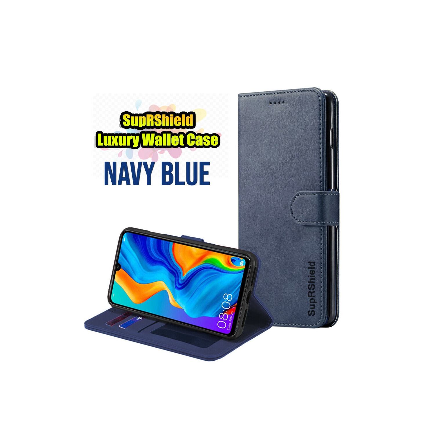 For Huawei P30 Lite Navy Blue SupRShield Wallet Leather Card Holder Flip Protective Shockproof Magnetic Case Cover