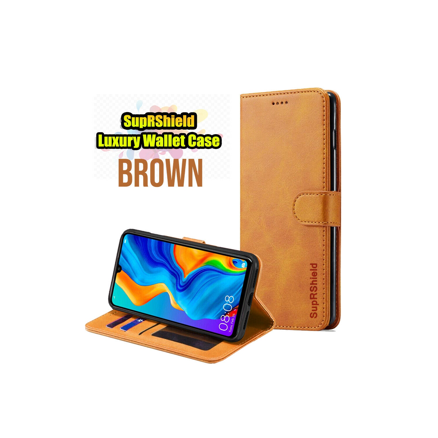 For Huawei P30 Brown SupRShield Wallet Leather Card Holder Flip Protective Shockproof Magnetic Case Cover