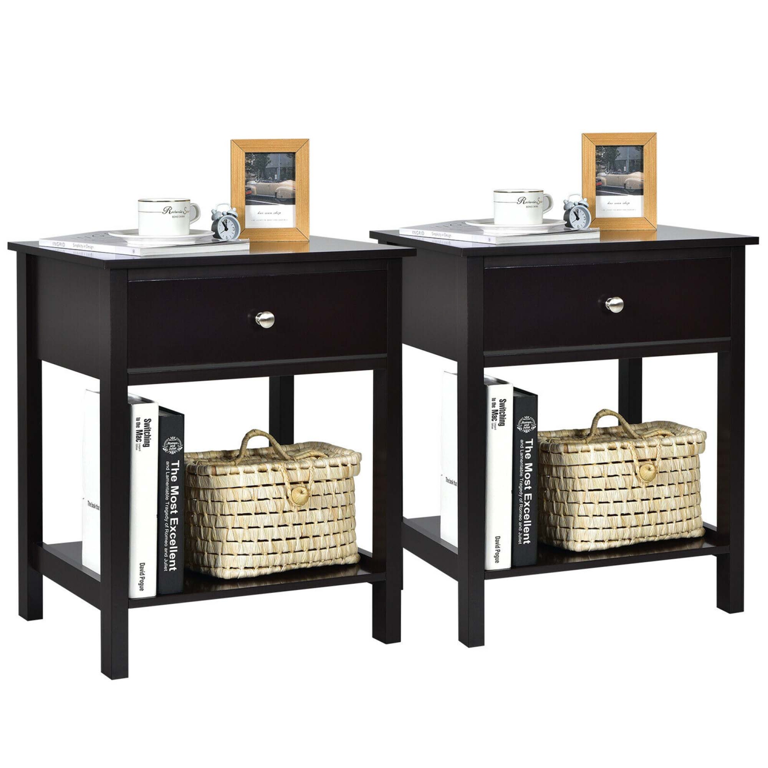 Gymax 2PCS 2-Tier Nightstand Modern Side End Table w/ Drawer & Open Shelf