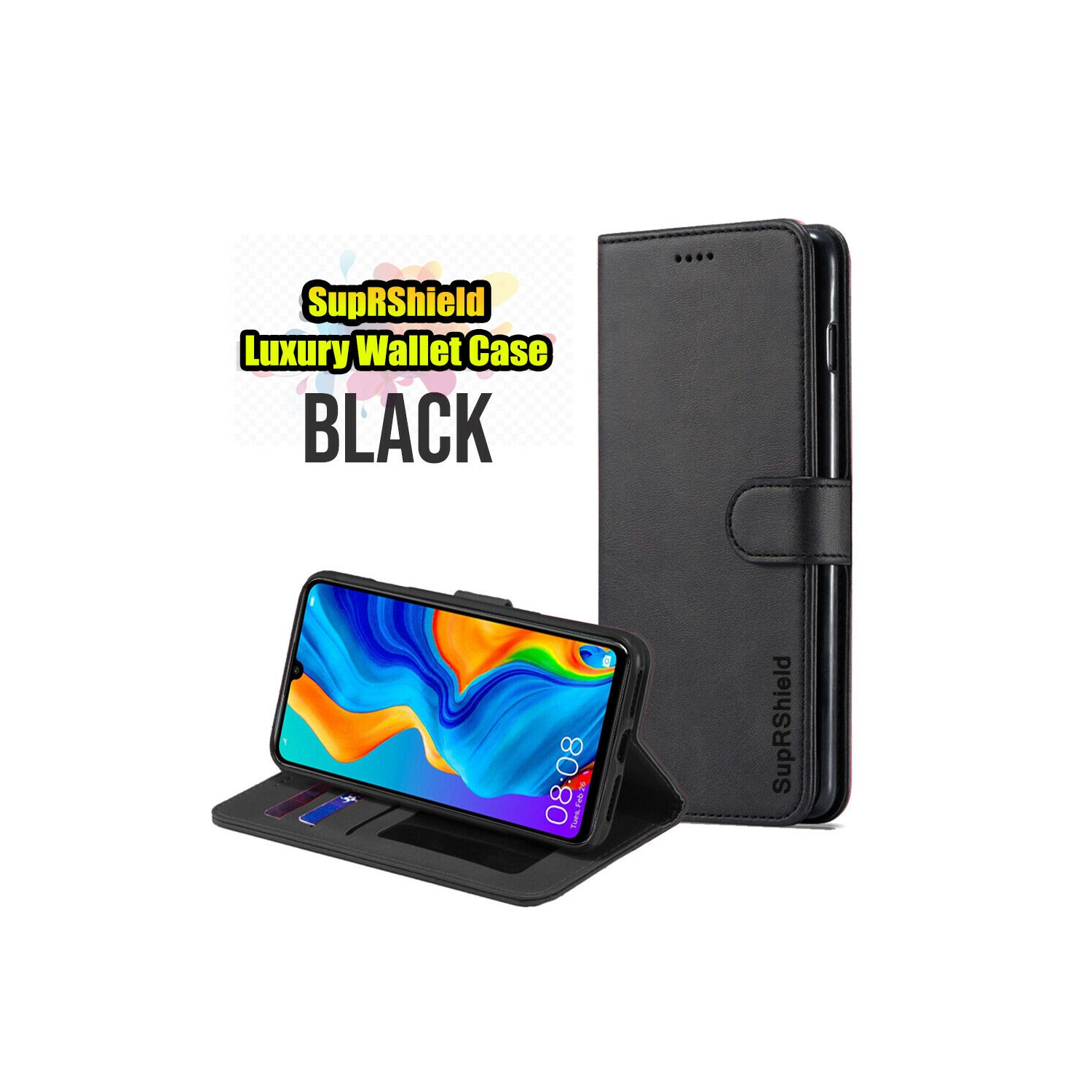 For Huawei P30 Black SupRShield Wallet Leather Card Holder Flip Protective Shockproof Magnetic Case Cover