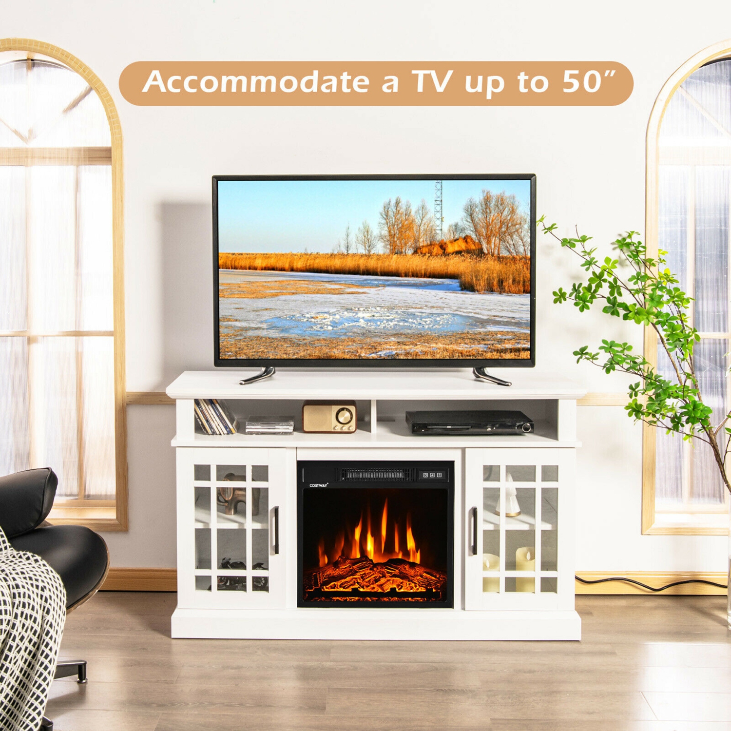 Marque Gymax Meuble TV Cheminée 121,9 cm avec Cheminée électrique 1400 W pour téléviseurs jusqu'à 127 cm Blanc