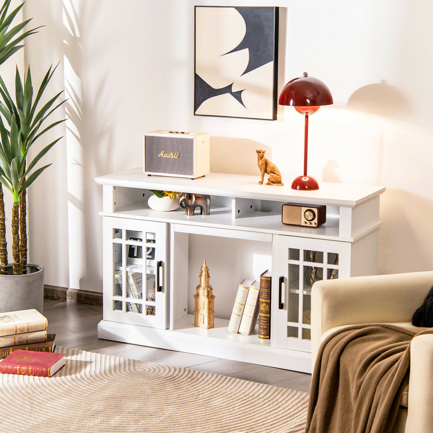 Marque Gymax Meuble TV Cheminée 121,9 cm avec Cheminée électrique 1400 W pour téléviseurs jusqu'à 127 cm Blanc