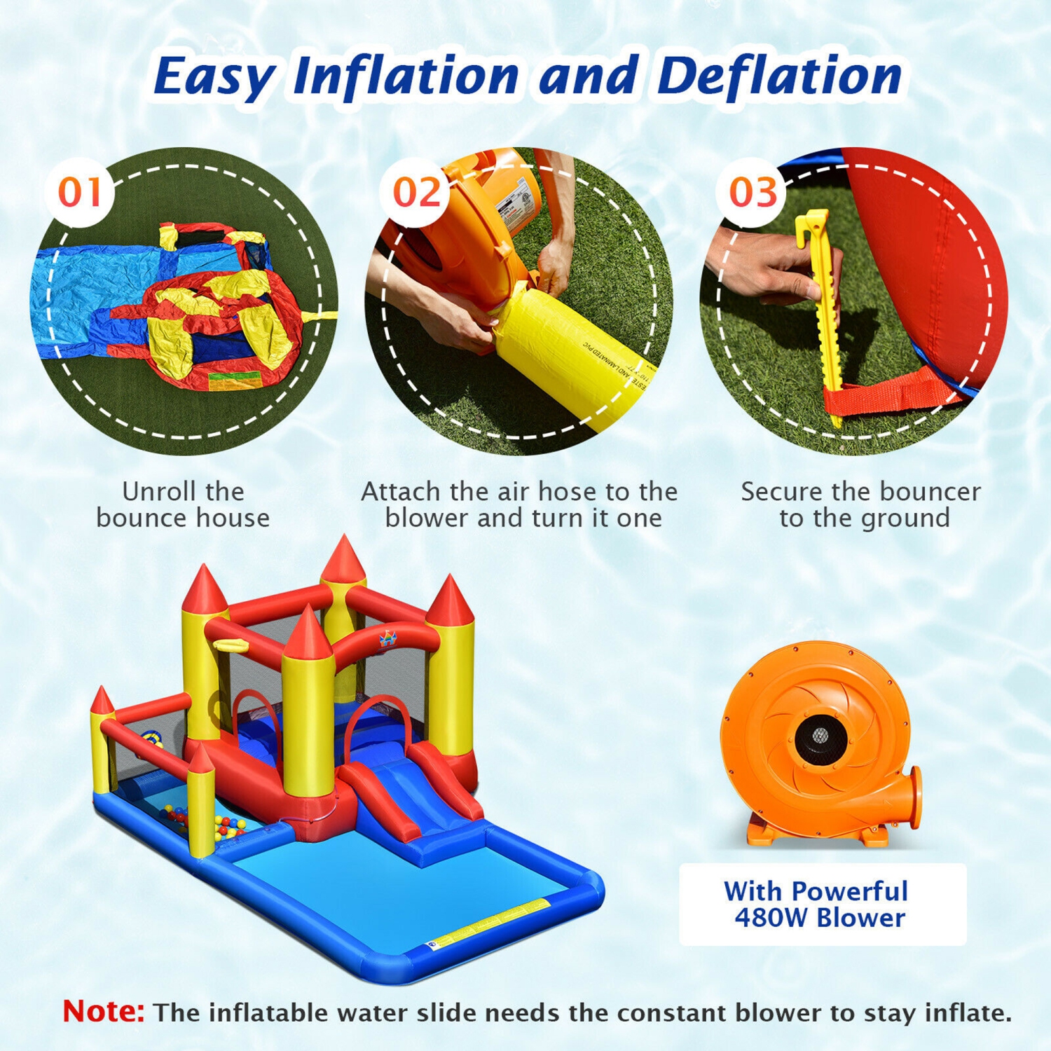Gymax Inflatable Water Slide Castle Kids Bounce House Indoor & Outdoor w/ 480W Blower
