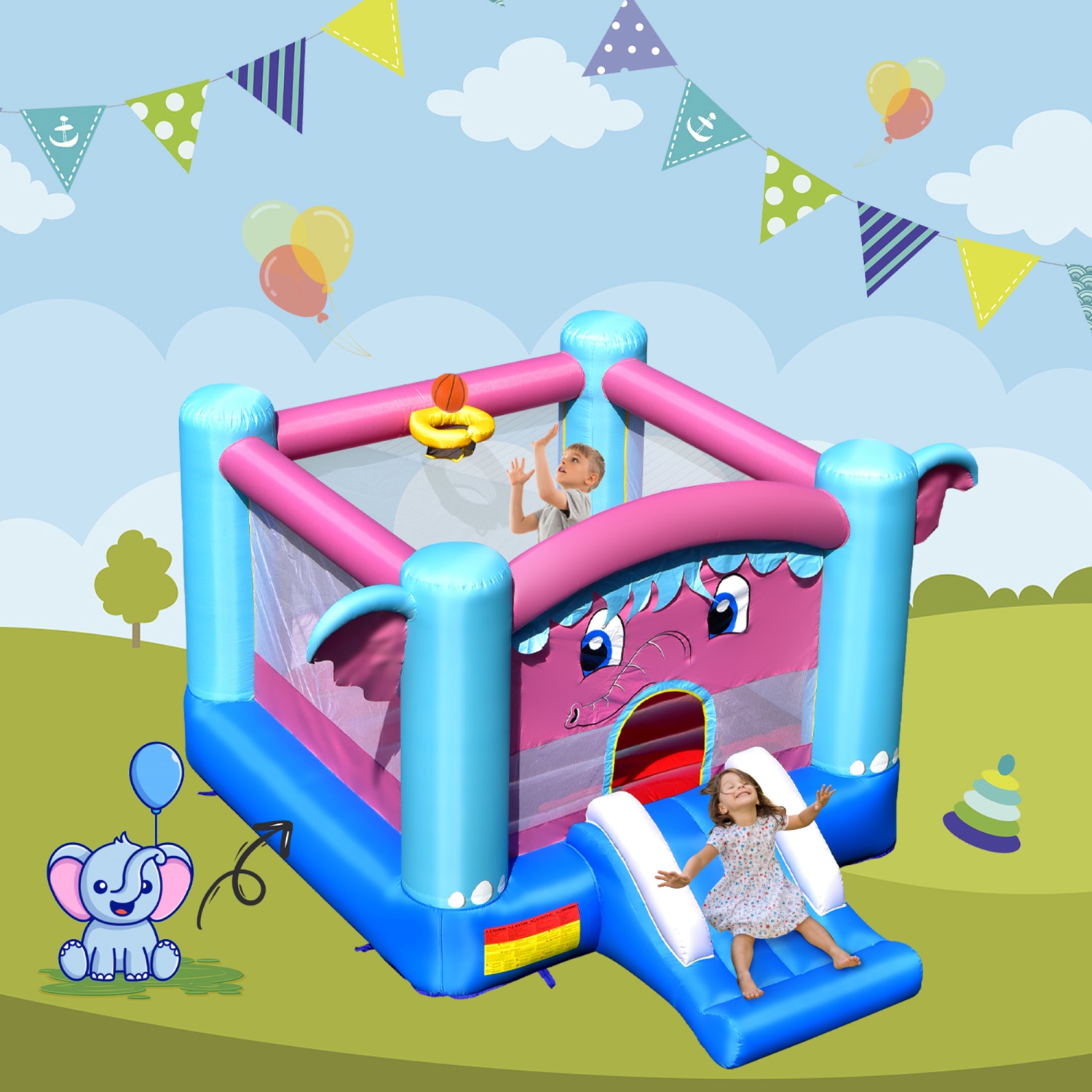 Gymax Inflatable Bounce House 3-in-1 Elephant Theme Inflatable Castle without Blower