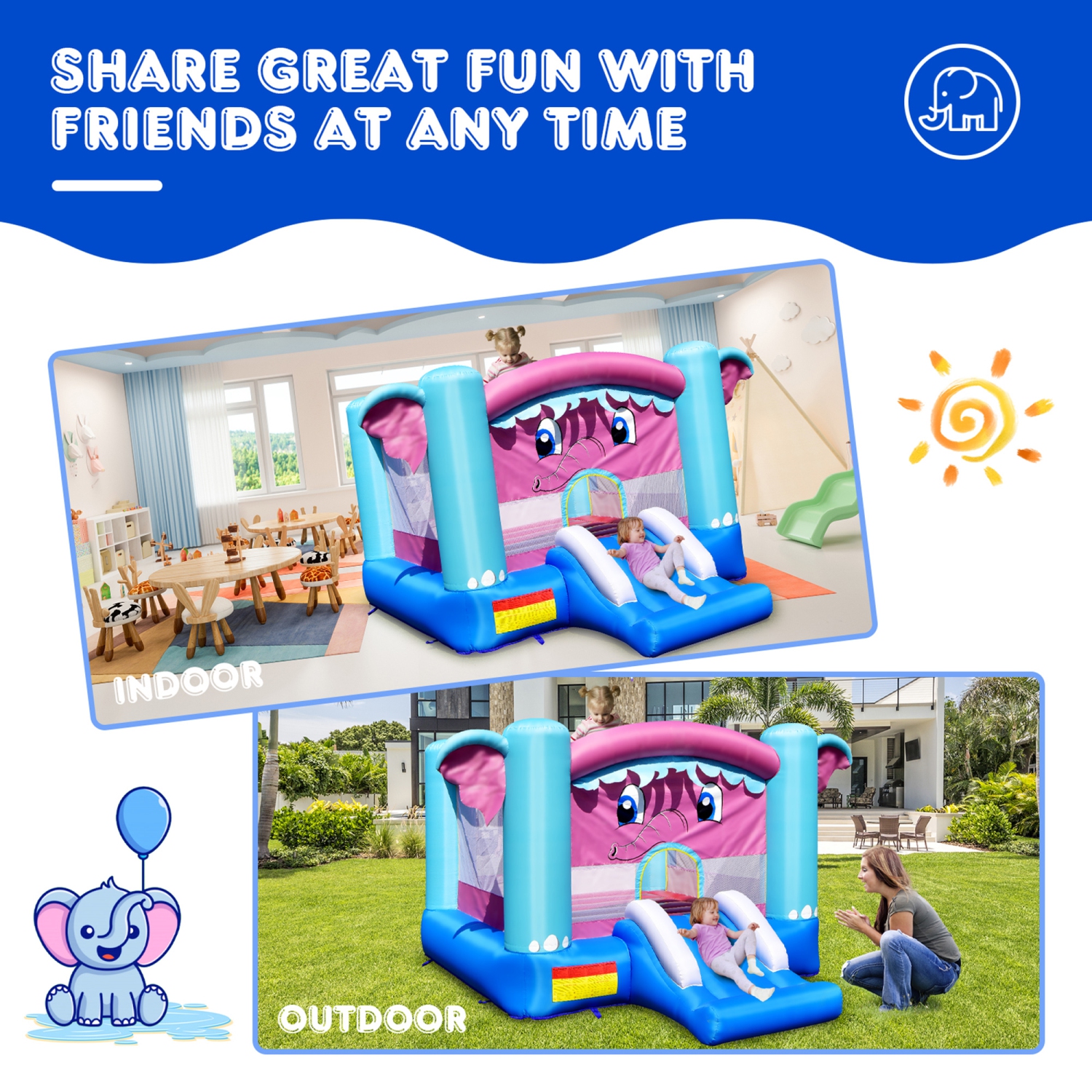 Gymax Inflatable Bounce House 3-in-1 Elephant Theme Inflatable Castle w/ 480W Blower