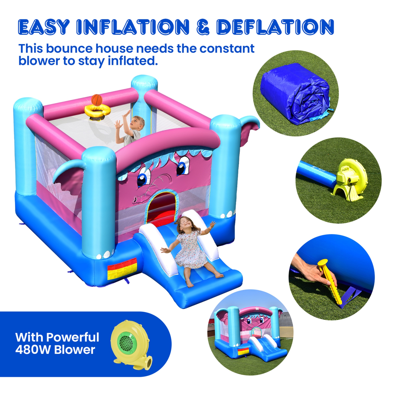 Gymax Inflatable Bounce House 3-in-1 Elephant Theme Inflatable Castle w/ 480W Blower