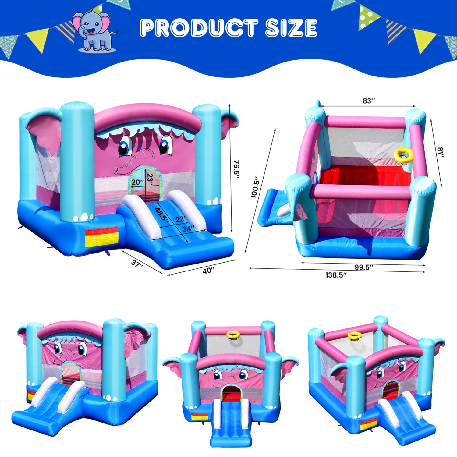 Gymax Inflatable Bounce House 3-in-1 Elephant Theme Inflatable Castle w/ 735W Blower