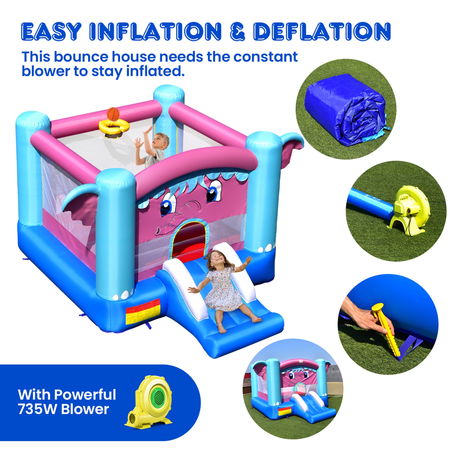 Gymax Inflatable Bounce House 3-in-1 Elephant Theme Inflatable Castle w/ 735W Blower