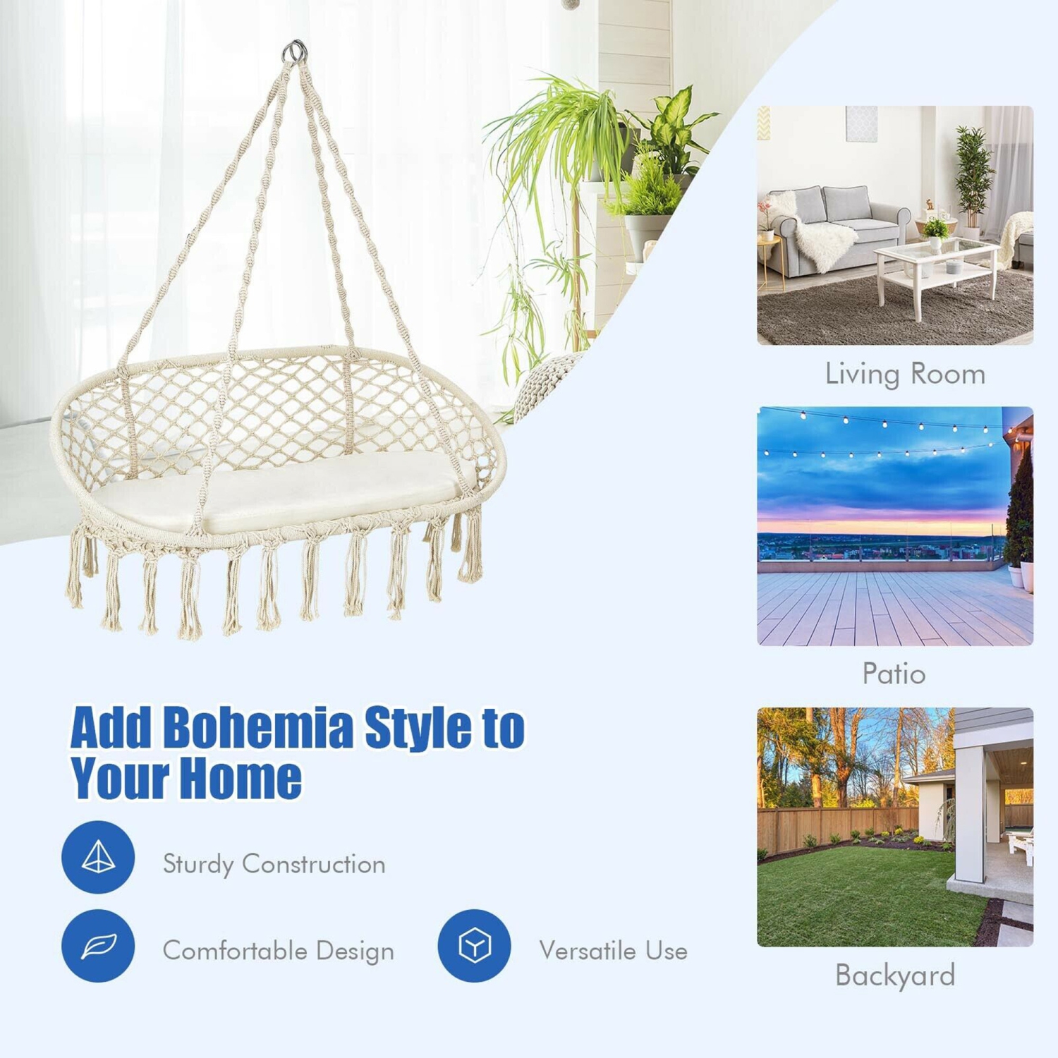 Marque Gymax Chaise hamac suspendue pour 2 personnes avec balançoire en macramé et coussin Capacité de 149,68 kg