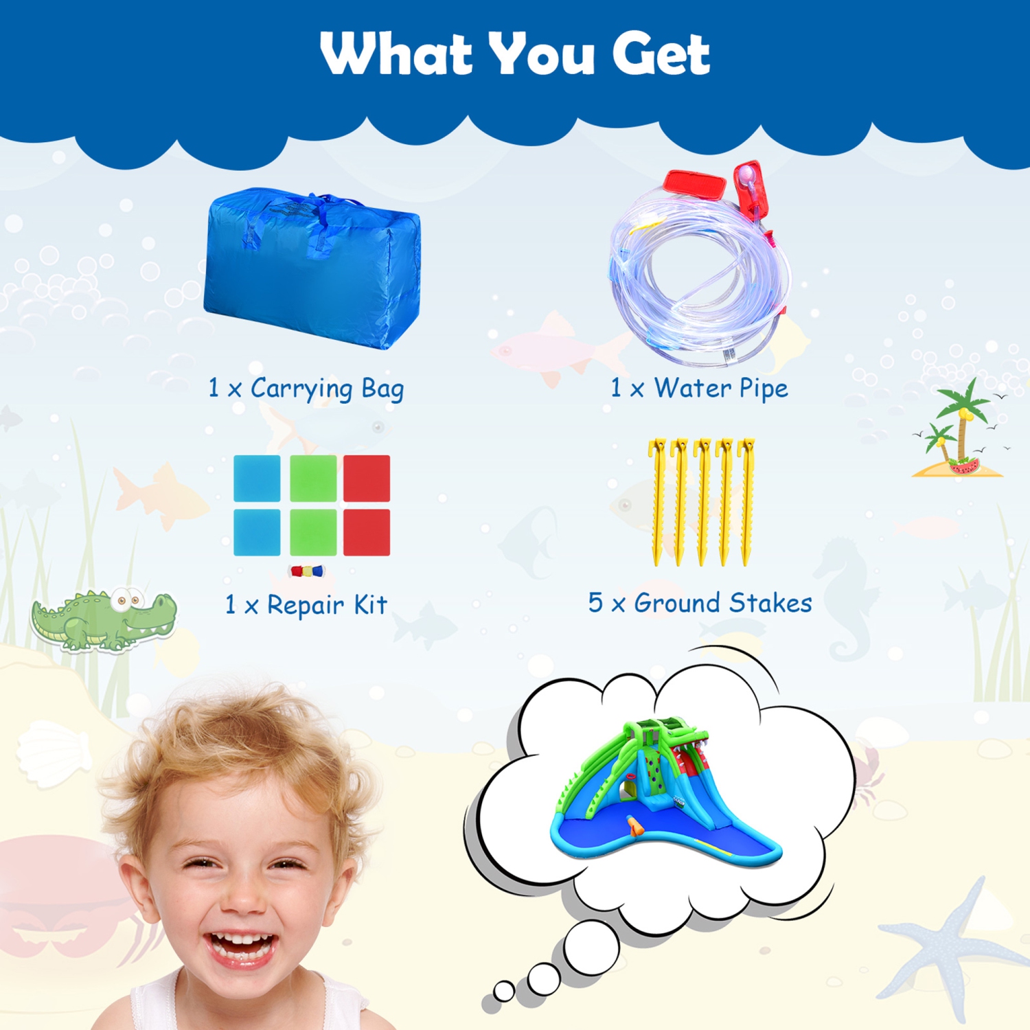 Marque Gymax - Parc de toboggans gonflables et aquatiques en formes de crocodiles pour enfants - Structure gonflable avec deux toboggans sans