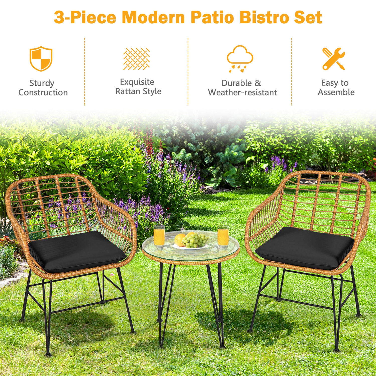 Gymax 3PCS Rattan Patio Bistro Set Conversation Furniture Set w/ Cushions
