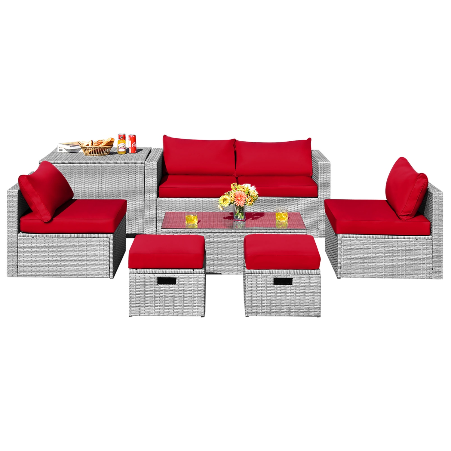 Gymax 8PCS Rattan Patio Space-Saving Furniture Set w/ Waterproof Cover & Red Cushions