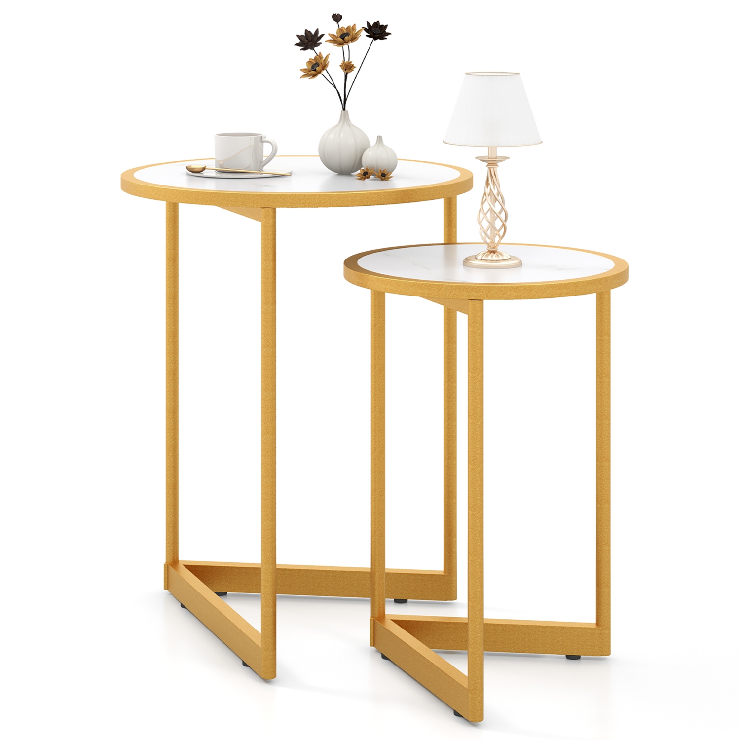 Gymax Round Nesting Side Table Set of 2 Stacking Coffee Tables w/ Faux Marble Tabletop
