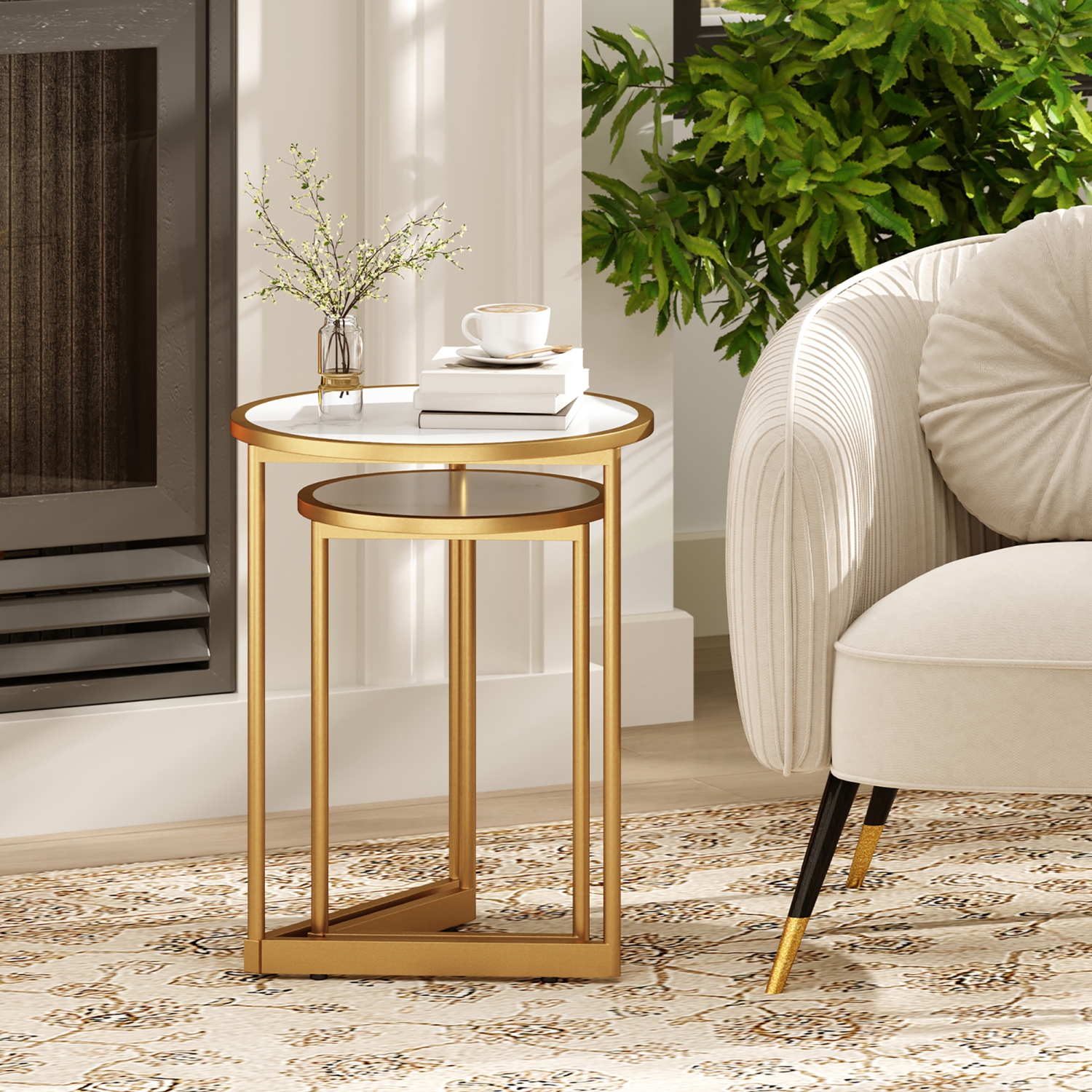 Gymax Round Nesting Side Table Set of 2 Stacking Coffee Tables w/ Faux Marble Tabletop