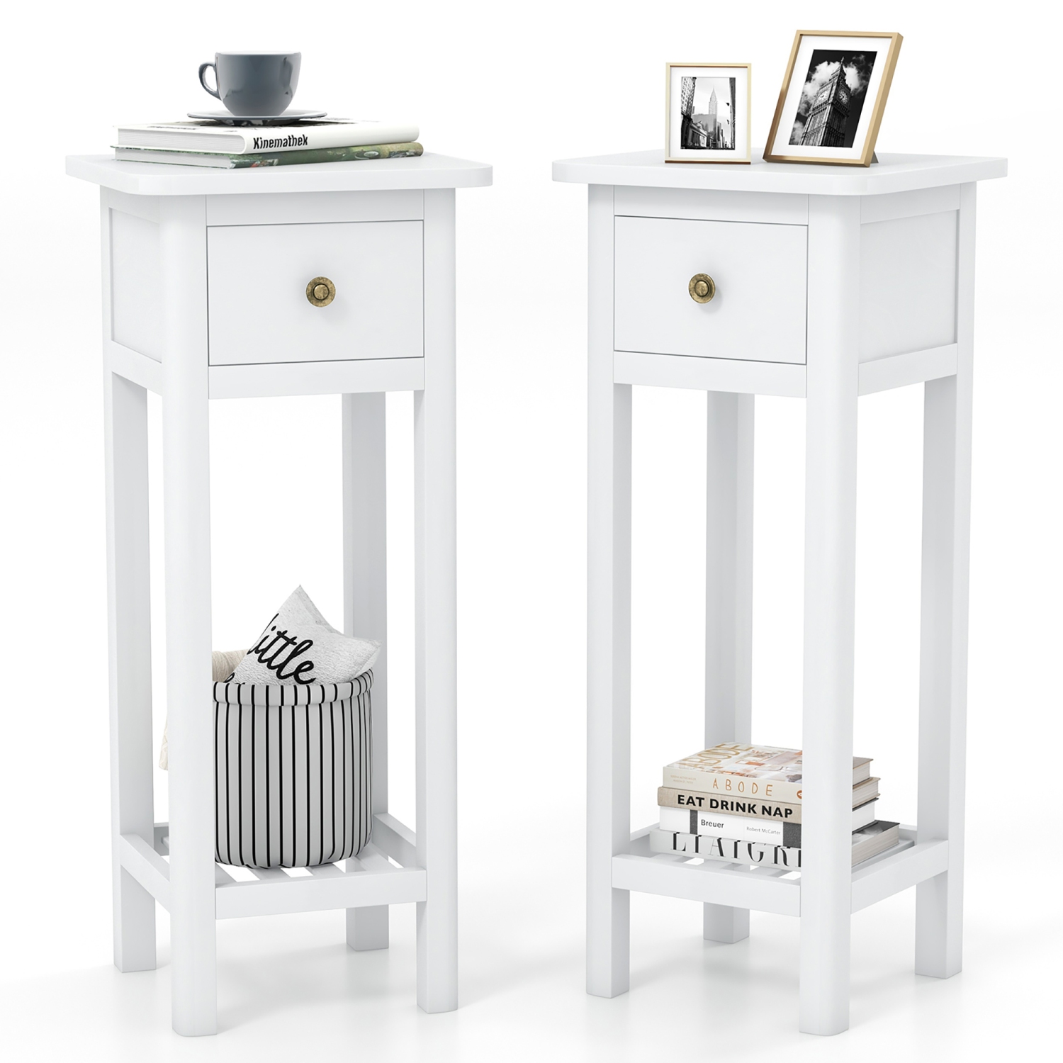 Gymax Solid Wood Side Table Rectangular 2PCS Sofa Side Table w/ Acacia Wood Top Telephone Table White