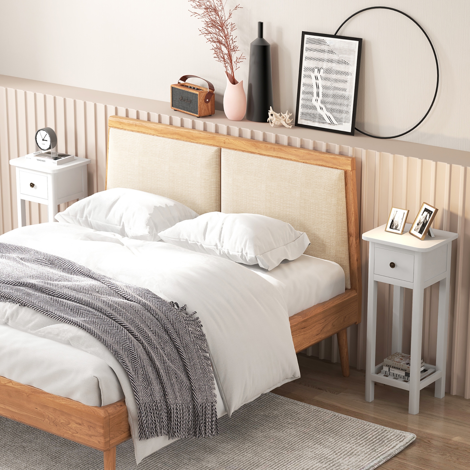 Gymax Solid Wood Side Table Rectangular 2PCS Sofa Side Table w/ Acacia Wood Top Telephone Table White