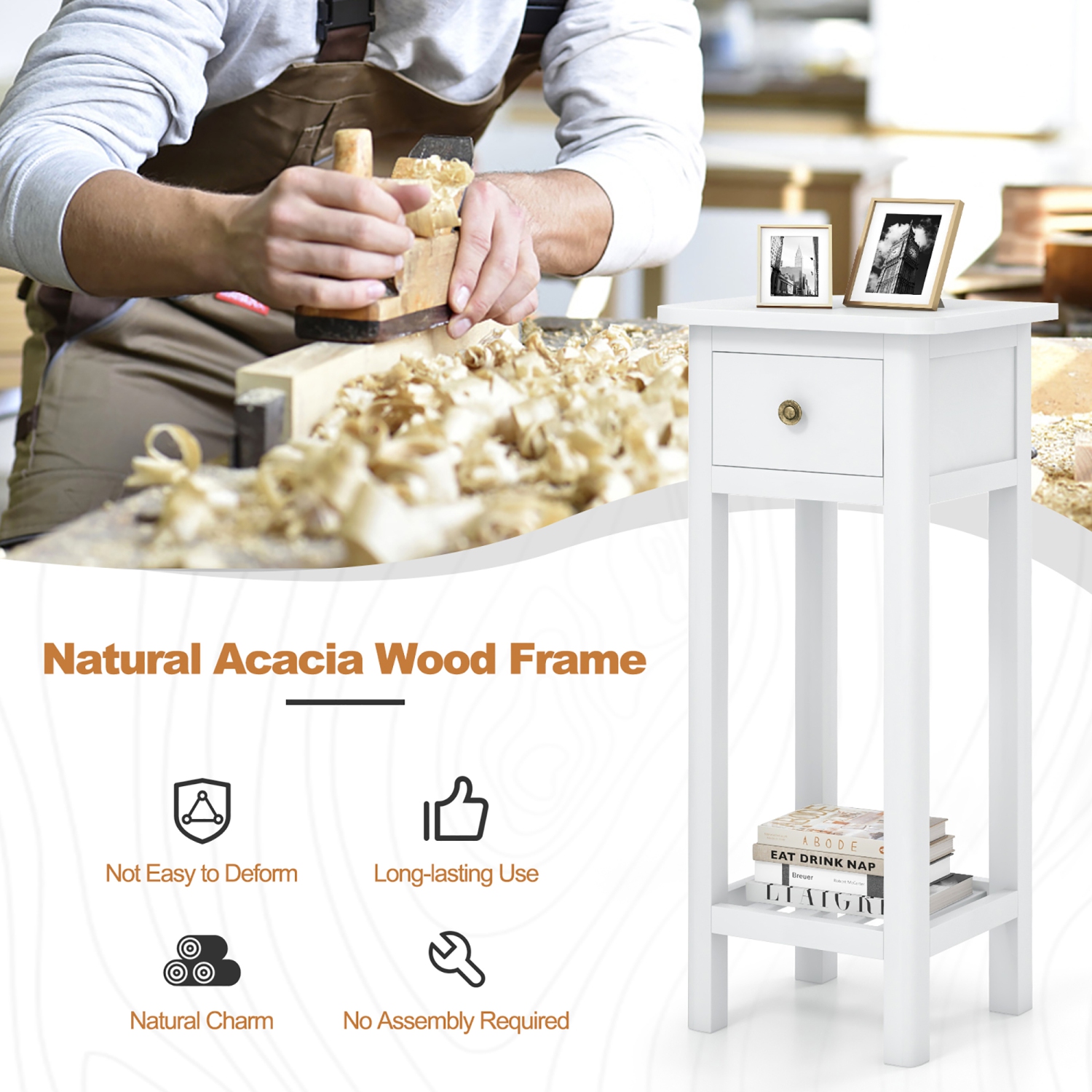 Gymax Solid Wood Side Table Rectangular 2PCS Sofa Side Table w/ Acacia Wood Top Telephone Table White
