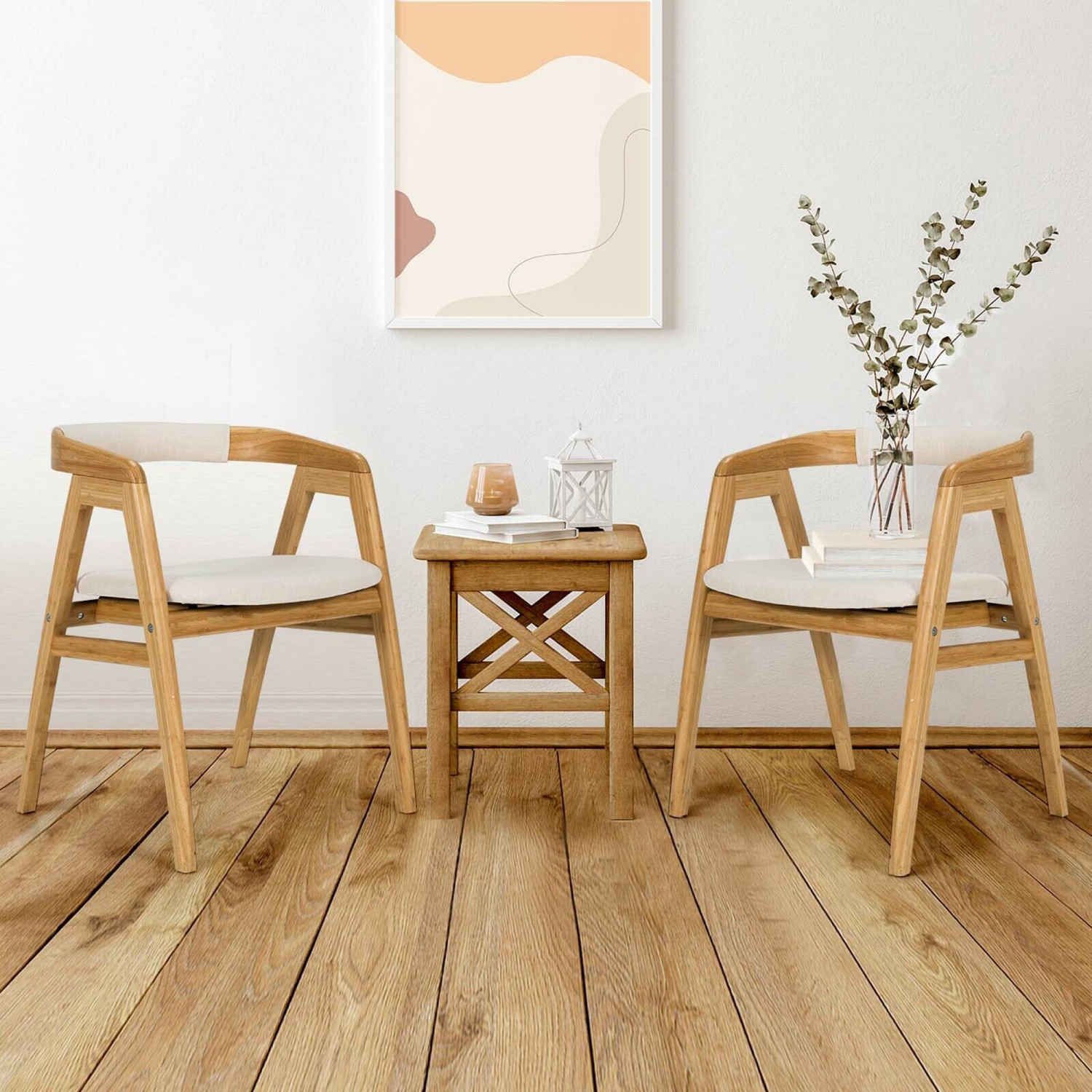 Gymax Set of 2 Bamboo Accent Chairs Leisure Chairs Armchairs w/ Seat Cushion