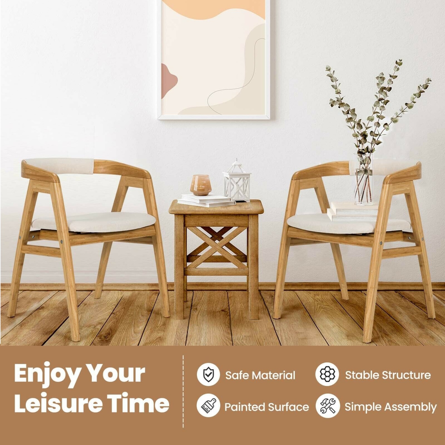 Gymax Set of 2 Bamboo Accent Chairs Leisure Chairs Armchairs w/ Seat Cushion