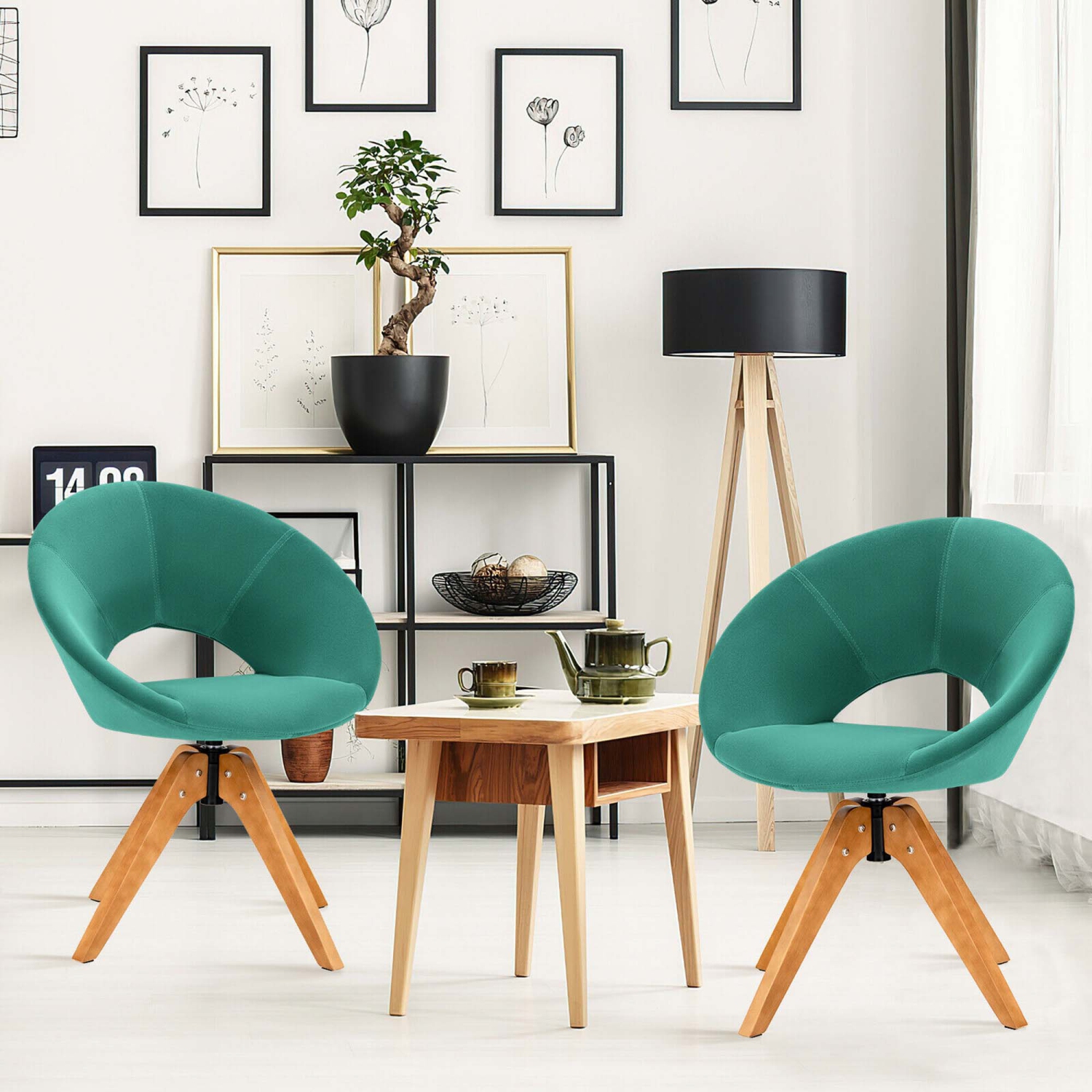 Gymax Set of 2 Swivel Accent Chair Modern Velvet Vanity Chair w/ Wood Legs