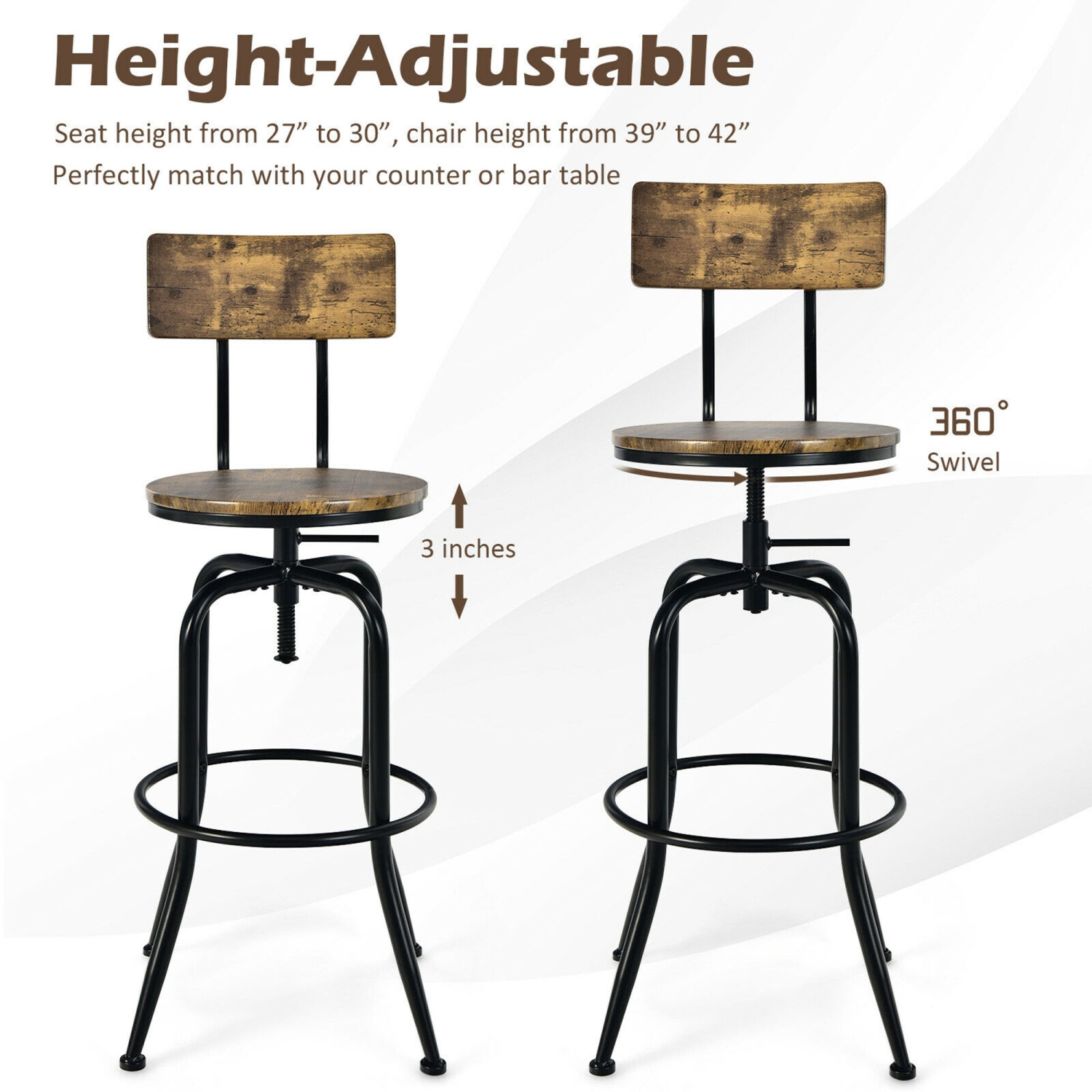 Gymax Set of 2 Industrial Bar Stool Adjustable Swivel Counter-Height Dining Side Chair