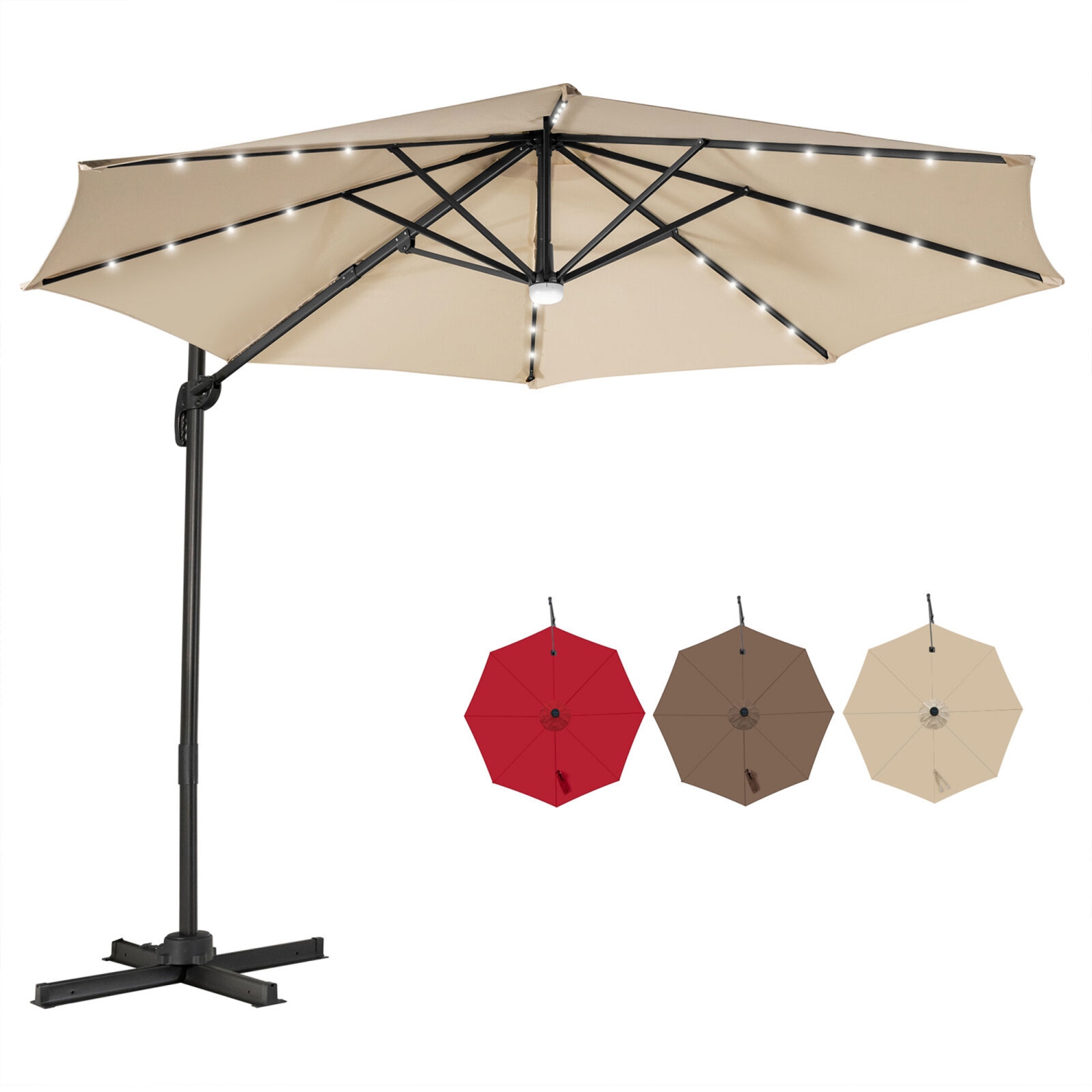 Gymax 10FT Cantilever Solar Umbrella 28LED Lighted Patio Offset Tilt 360° Outdoor Beige / Coffee / Wind-Red