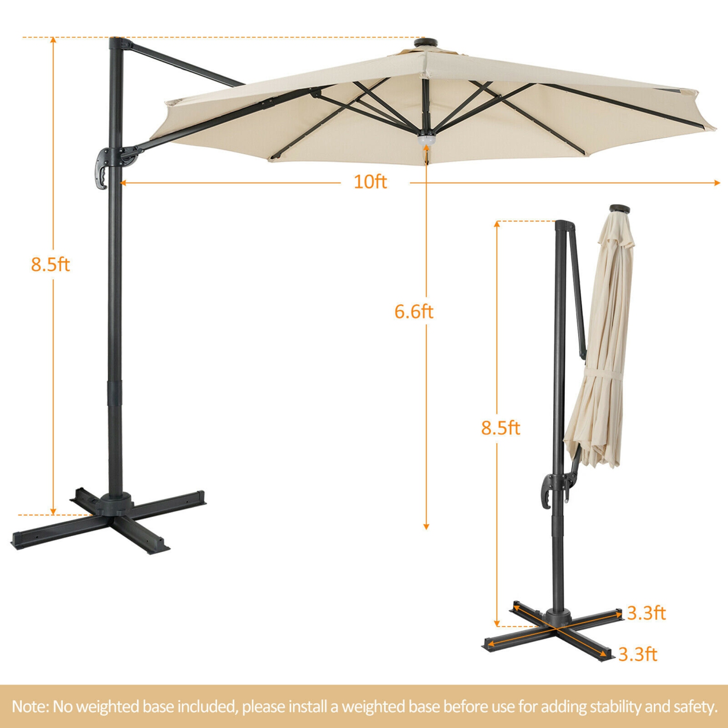 Gymax 10FT Cantilever Solar Umbrella 28LED Lighted Patio Offset Tilt 360° Outdoor Beige / Coffee / Wind-Red