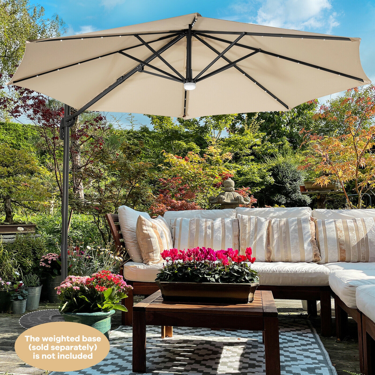 Gymax 10FT Cantilever Solar Umbrella 28LED Lighted Patio Offset Tilt 360° Outdoor Beige / Coffee / Wind-Red