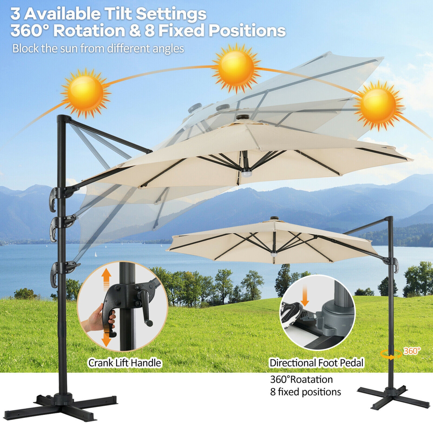 Gymax 10FT Cantilever Solar Umbrella 28LED Lighted Patio Offset Tilt 360° Outdoor Beige / Coffee / Wind-Red