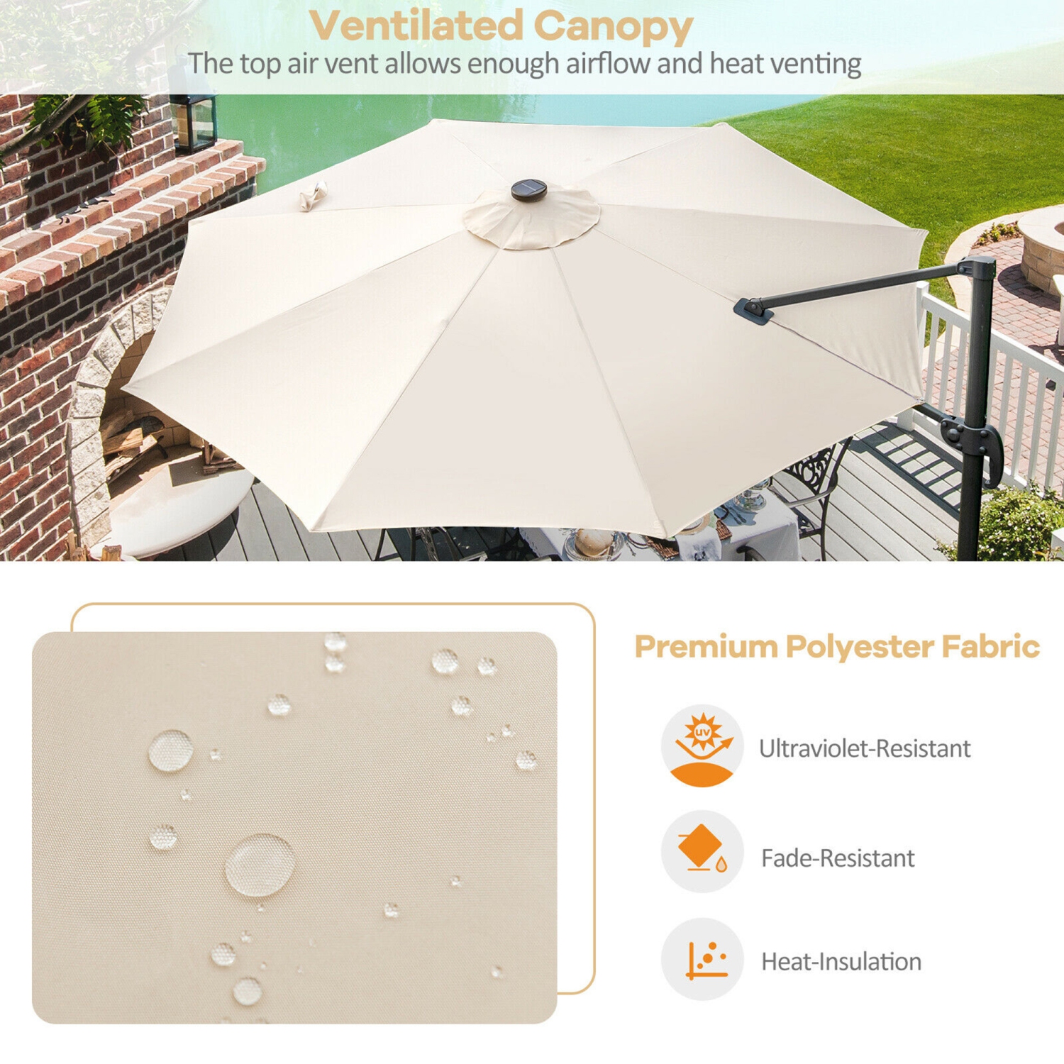 Gymax 10FT Cantilever Solar Umbrella 28LED Lighted Patio Offset Tilt 360° Outdoor Beige / Coffee / Wind-Red