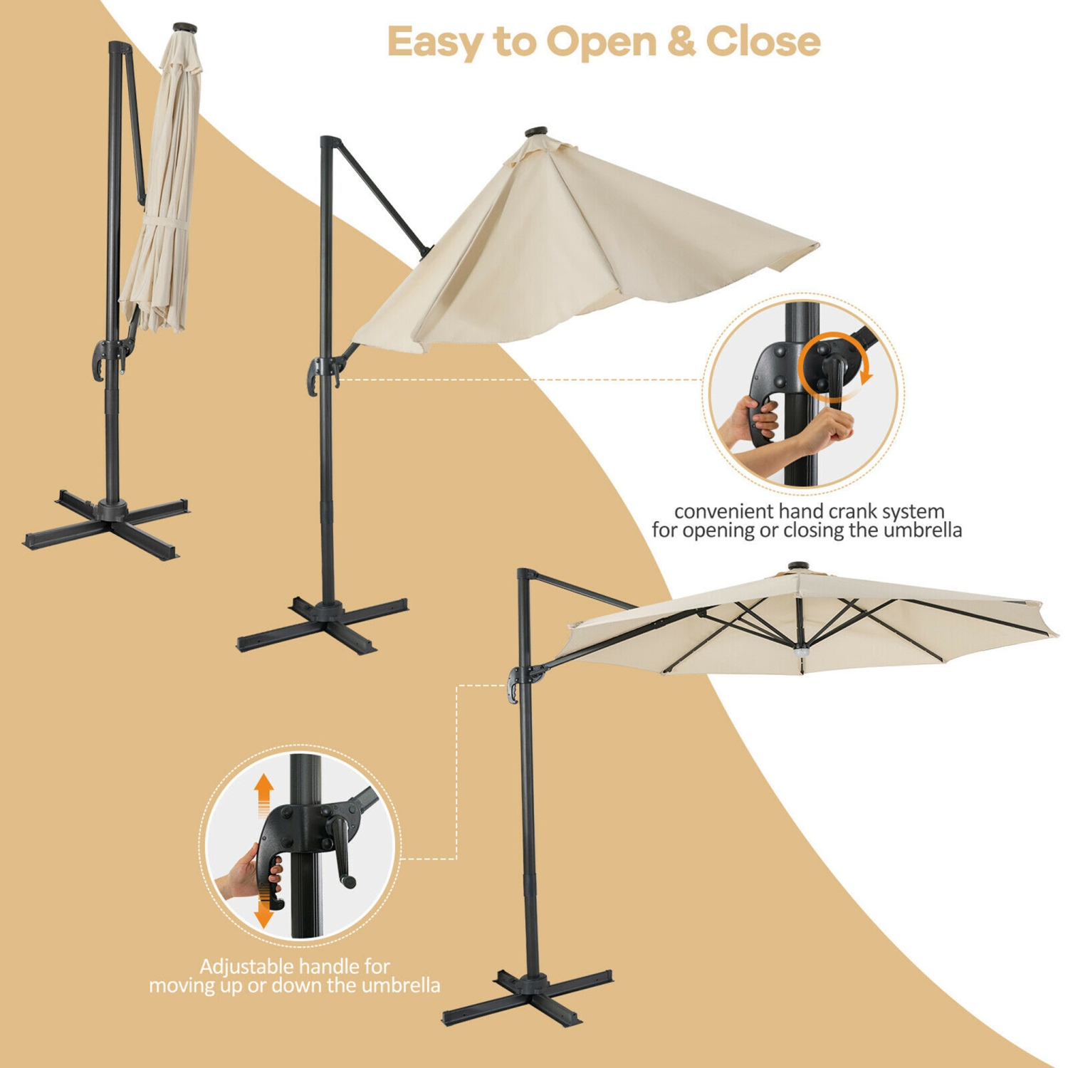 Gymax 10FT Cantilever Solar Umbrella 28LED Lighted Patio Offset Tilt 360° Outdoor Beige / Coffee / Wind-Red