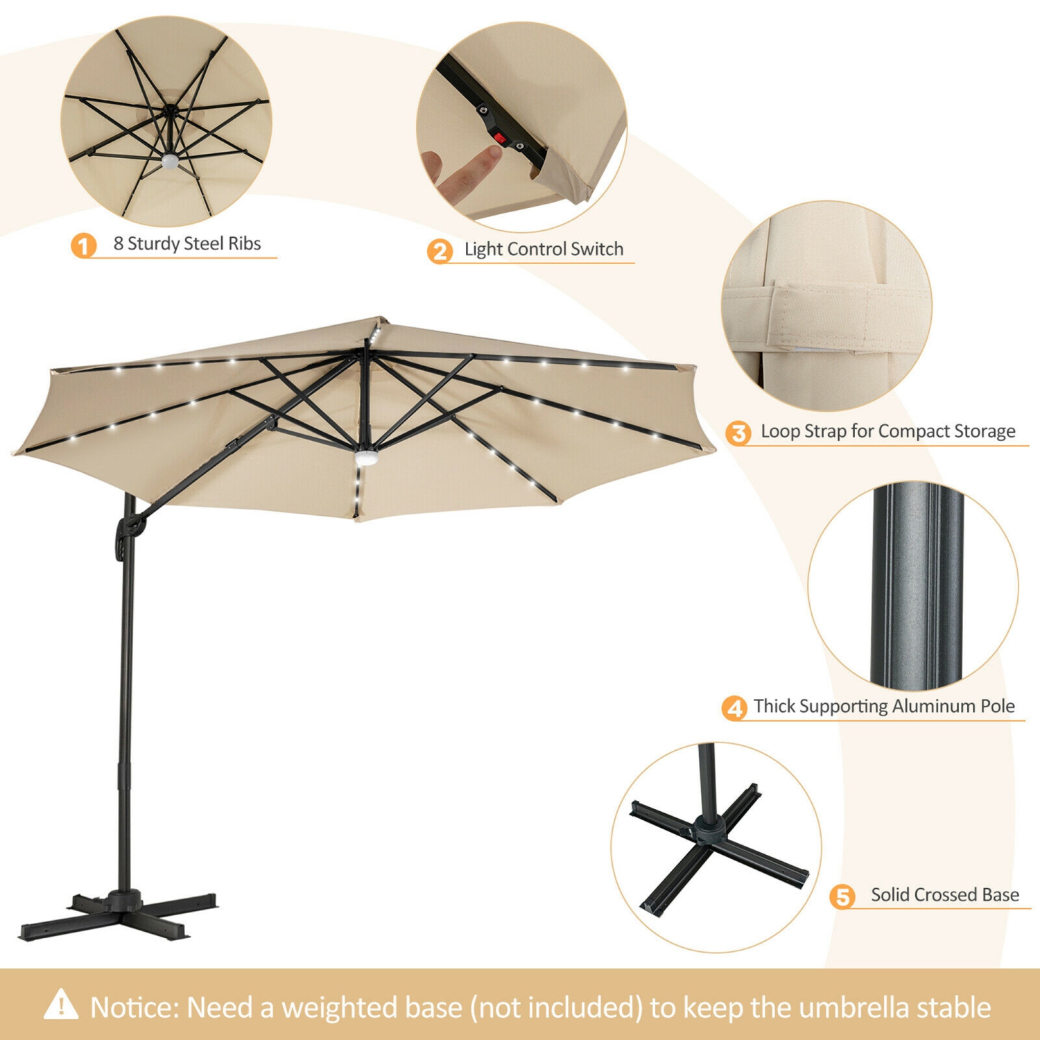 Gymax 10FT Cantilever Solar Umbrella 28LED Lighted Patio Offset Tilt 360° Outdoor Beige / Coffee / Wind-Red