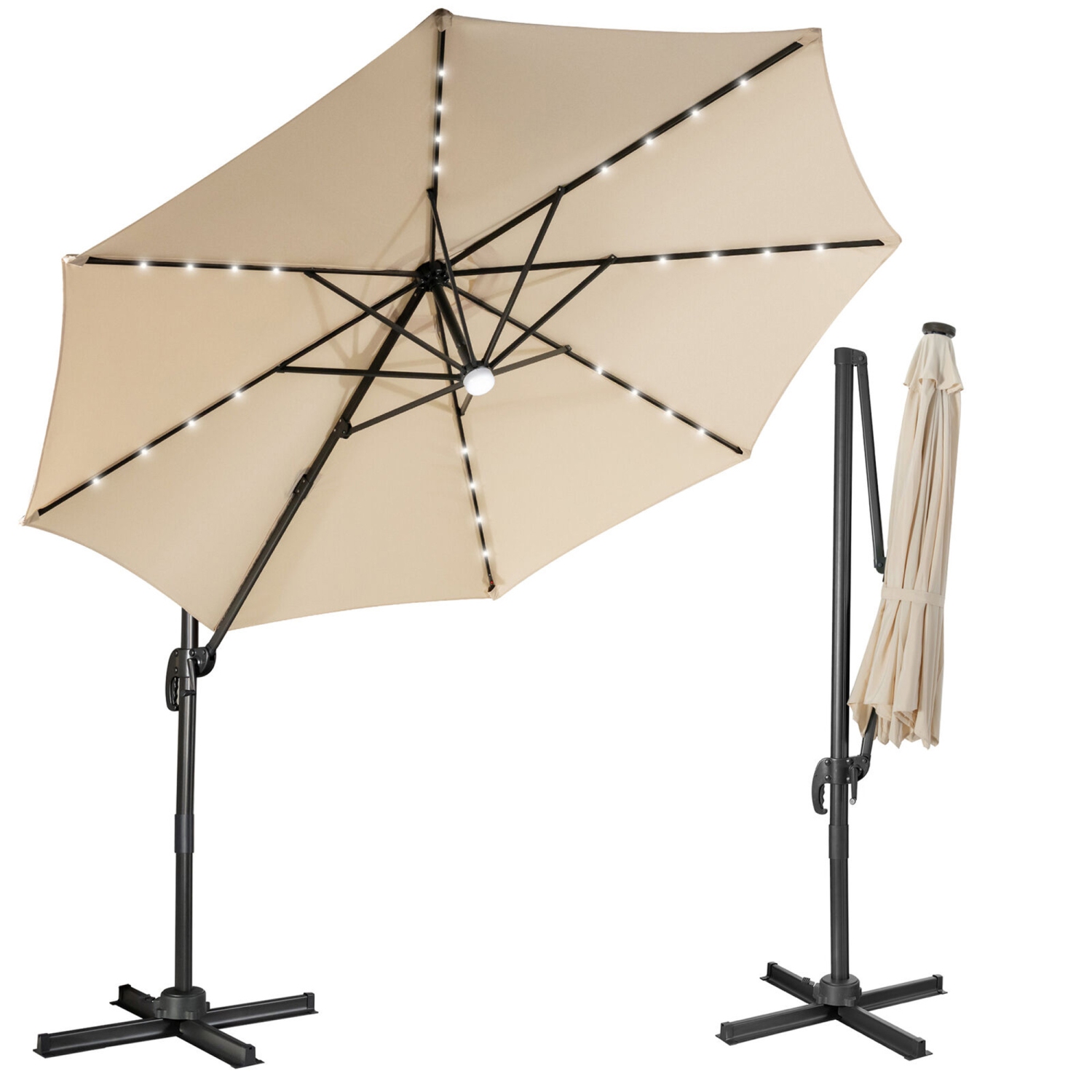 Gymax 10FT Cantilever Solar Umbrella 28LED Lighted Patio Offset Tilt 360° Outdoor Beige / Coffee / Wind-Red