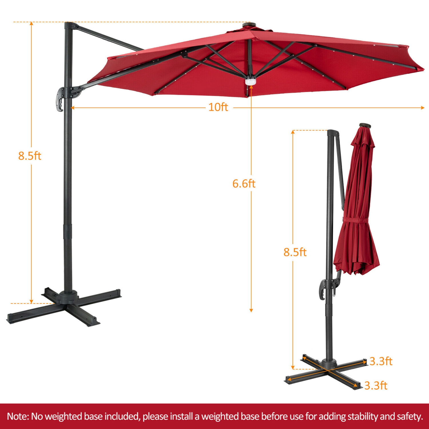 Gymax 10FT Cantilever Solar Umbrella 28LED Lighted Patio Offset Tilt 360° Outdoor Beige / Coffee / Wind-Red