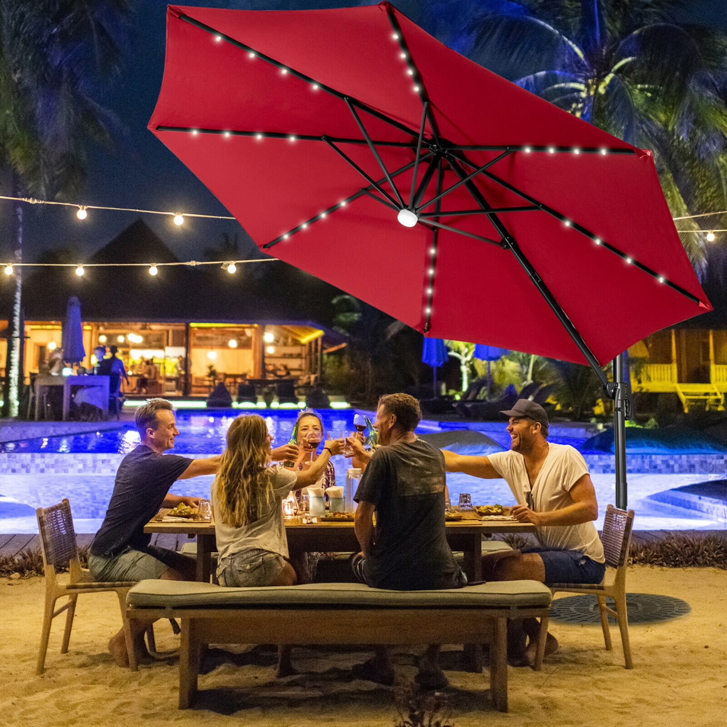 Gymax 10FT Cantilever Solar Umbrella 28LED Lighted Patio Offset Tilt 360° Outdoor Beige / Coffee / Wind-Red