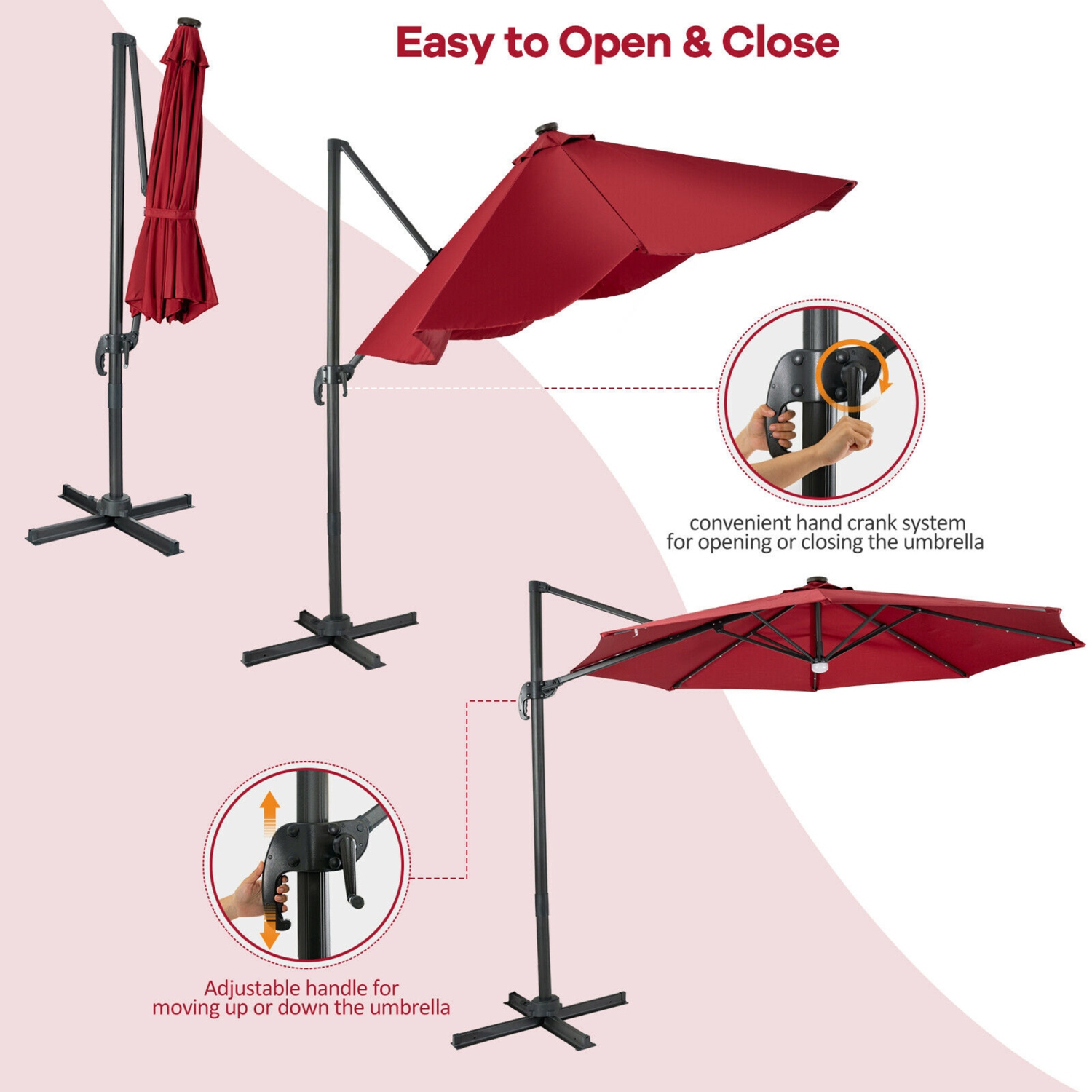 Gymax 10FT Cantilever Solar Umbrella 28LED Lighted Patio Offset Tilt 360° Outdoor Beige / Coffee / Wind-Red