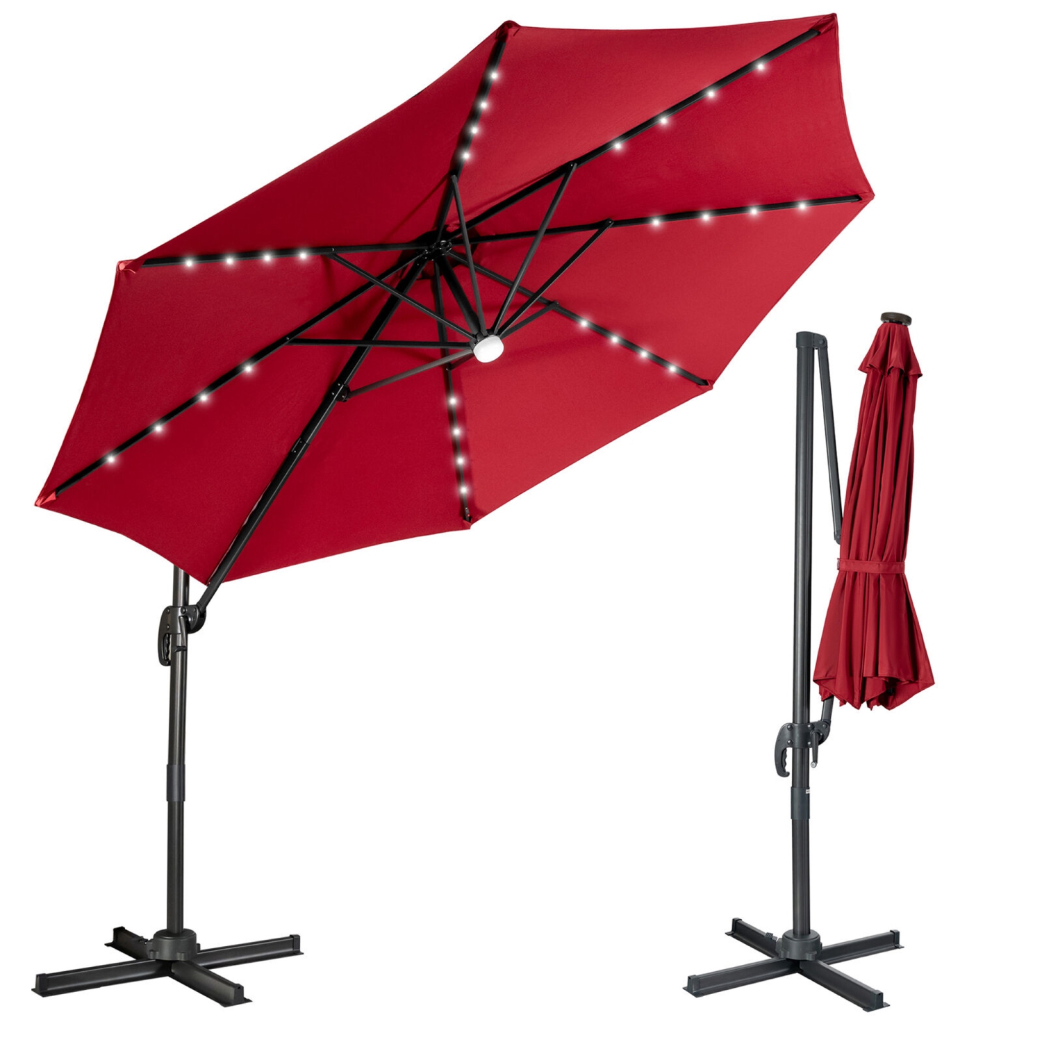 Gymax 10FT Cantilever Solar Umbrella 28LED Lighted Patio Offset Tilt 360° Outdoor Beige / Coffee / Wind-Red