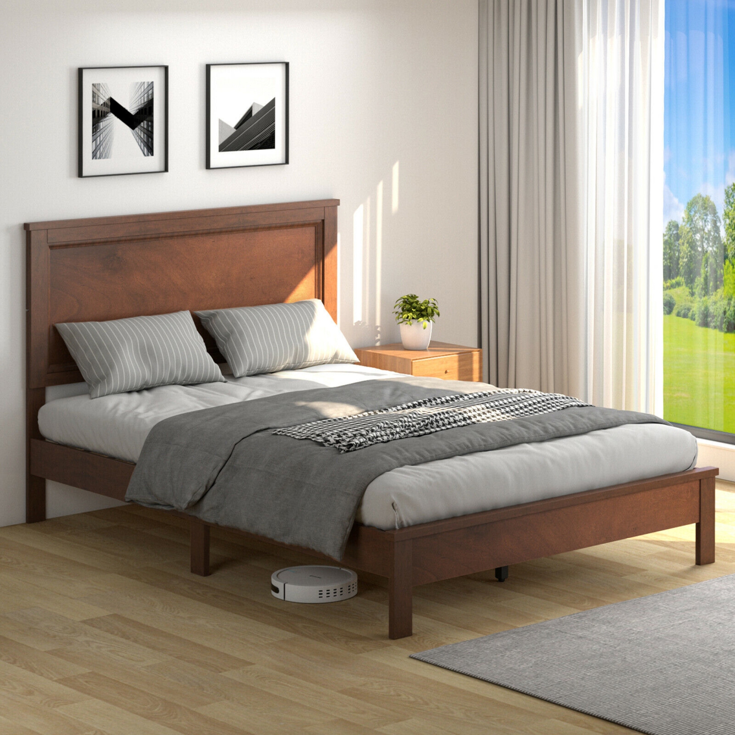 Gymax Twin/Full/Queen Size Bed Frame Platform Slat High Headboard Bedroom Rubber Wood Leg