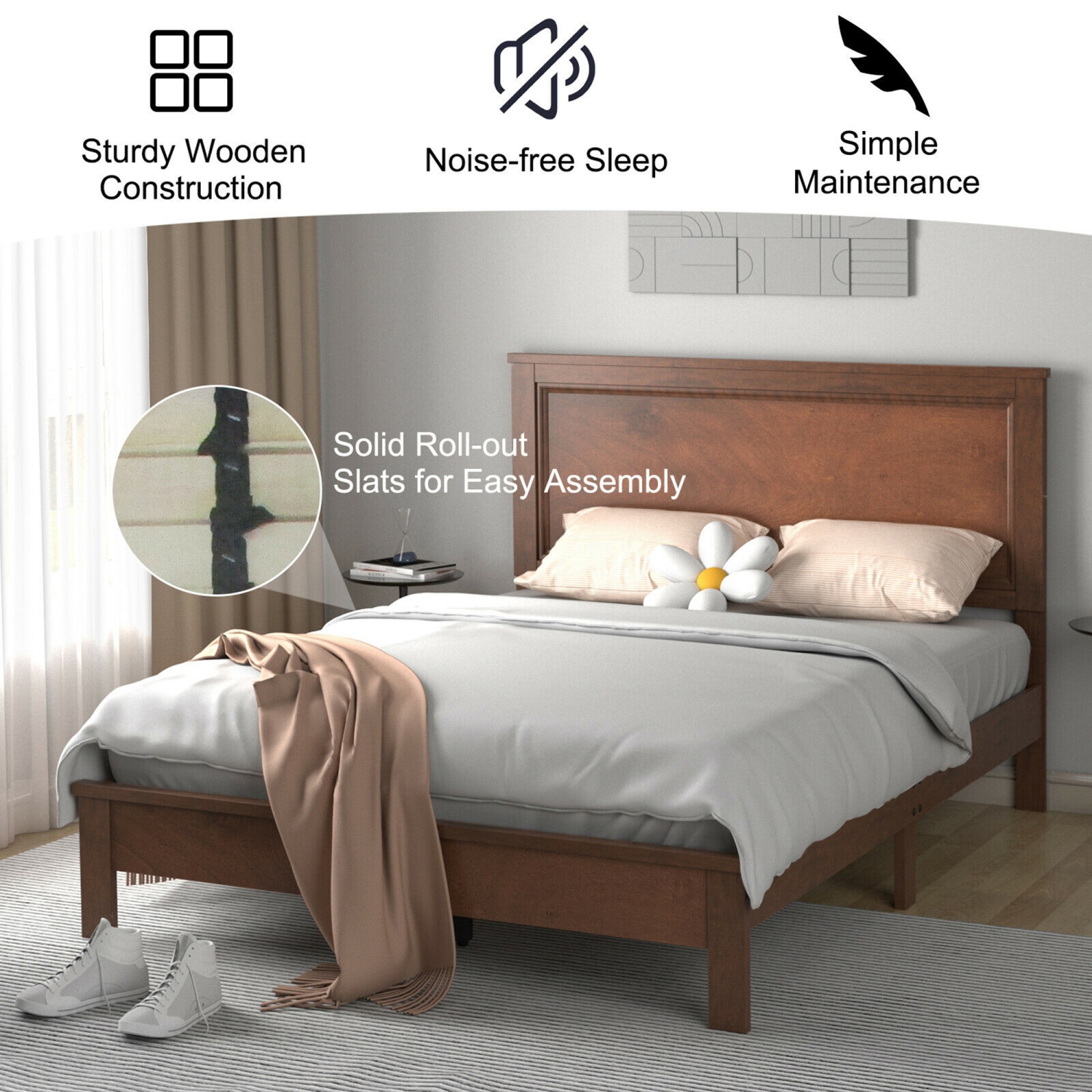 Gymax Twin/Full/Queen Size Bed Frame Platform Slat High Headboard Bedroom Rubber Wood Leg