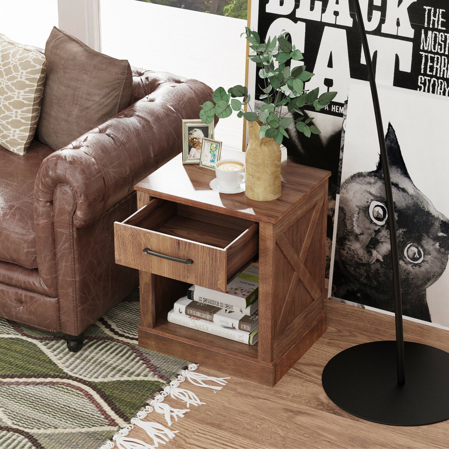 Marque Gymax Table de chevet 2 pièces avec tiroir et étagère Table de chevet en bois rustique Chambre à coucher