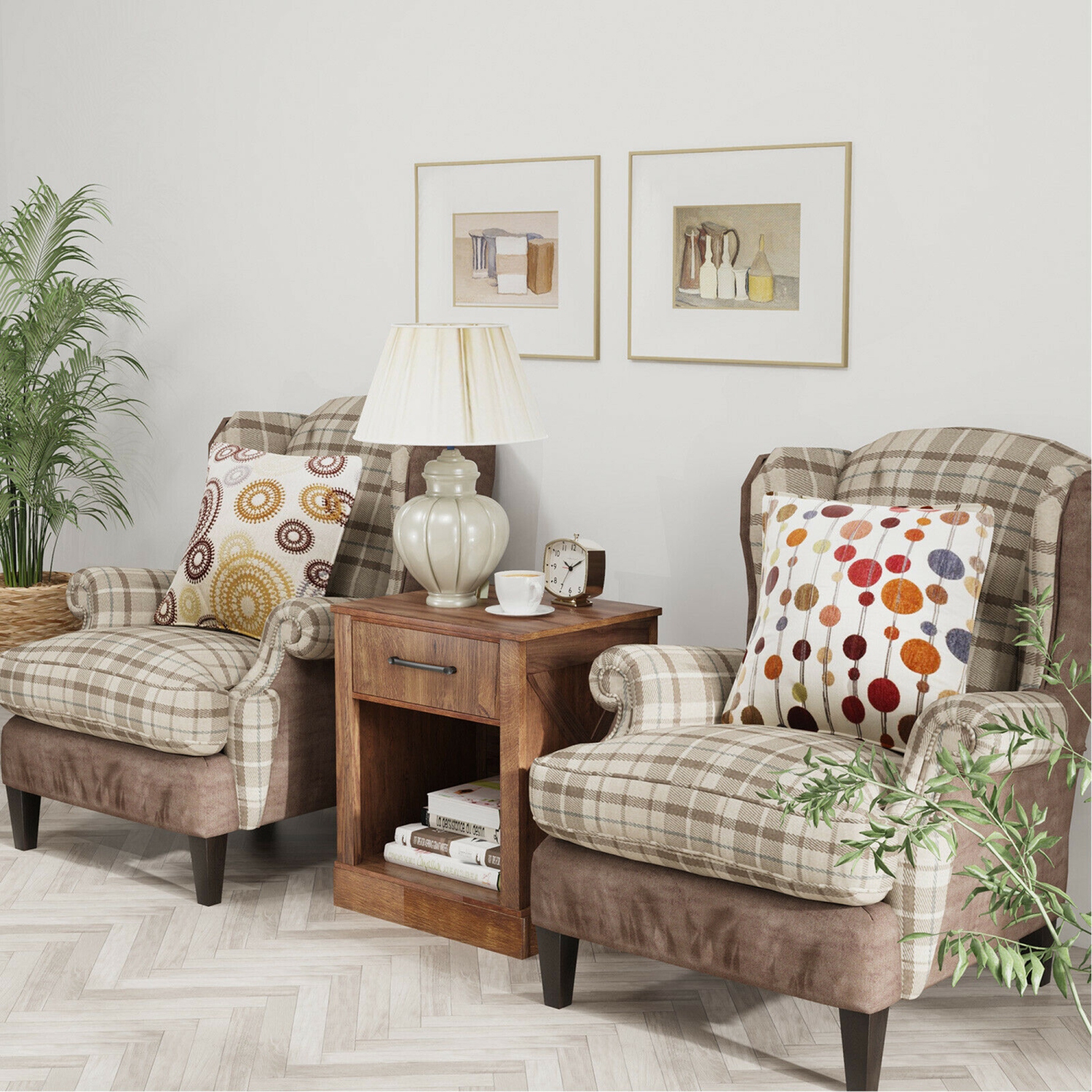 Marque Gymax Table de chevet 2 pièces avec tiroir et étagère Table de chevet en bois rustique Chambre à coucher