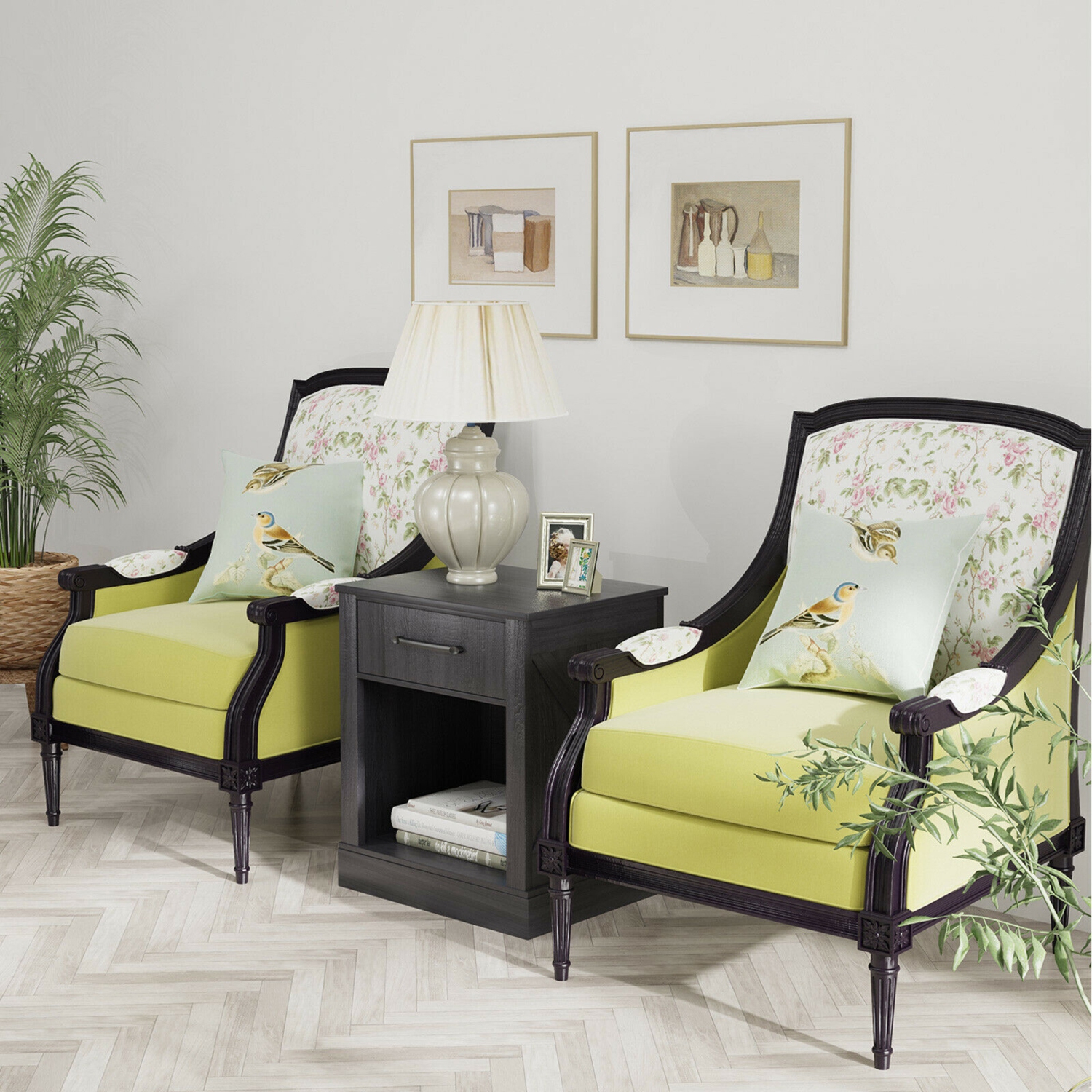 Gymax 2PCS Nightstand with Drawer and Shelf Rustic Wooden Bedside Table Bedroom Brown / Natural / Black