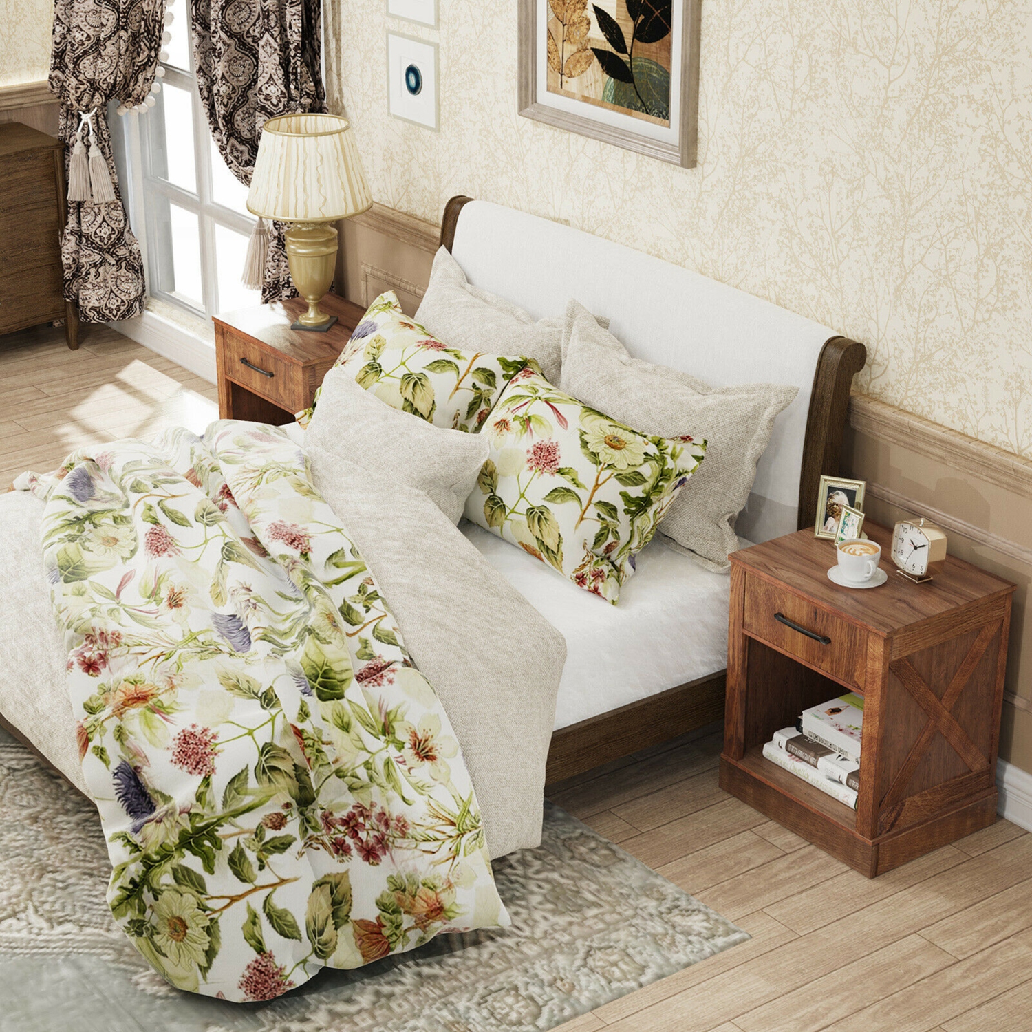 Gymax 2PCS Nightstand with Drawer and Shelf Rustic Wooden Bedside Table Bedroom Brown / Natural / Black