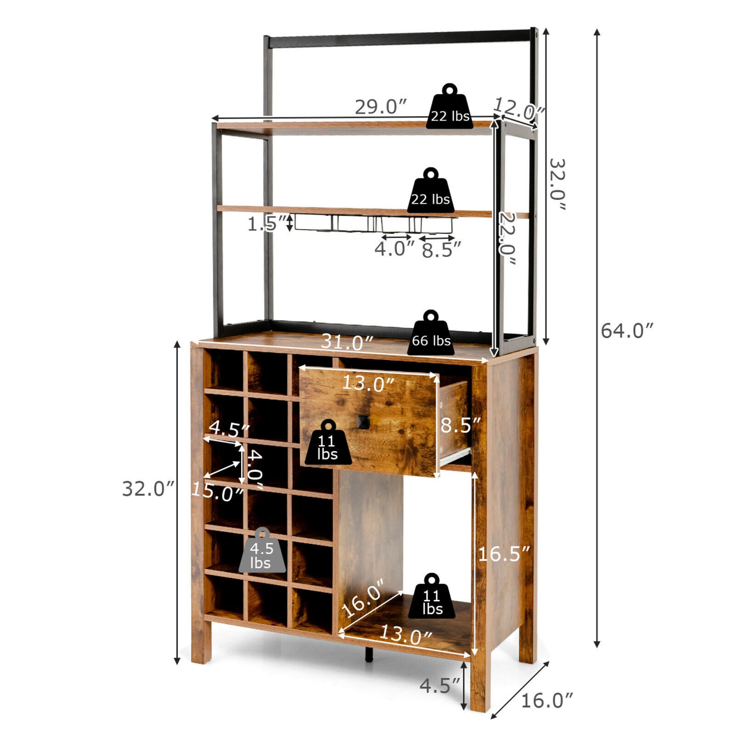 Gymax Kitchen Bakers Rack Freestanding Wine Rack Table w/ Glass Holder & Drawer Black / Rustic